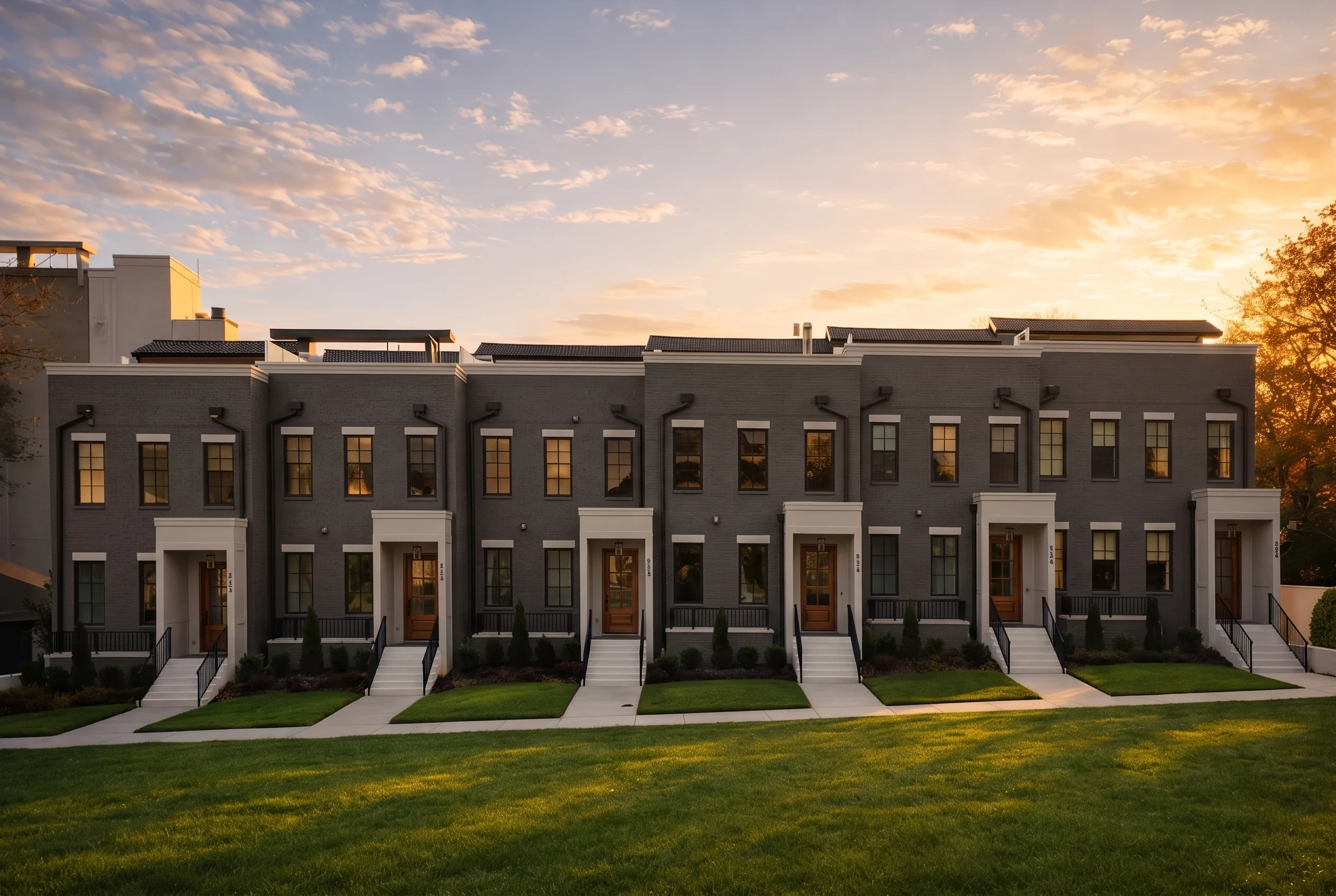 Plan  19-1616 – Torres Meadow |  Urban Contemporary Townhome – 3-Bed, 3.5-Bath, 15,130 SF - Warm Charcoal, AI-generated exterior concept