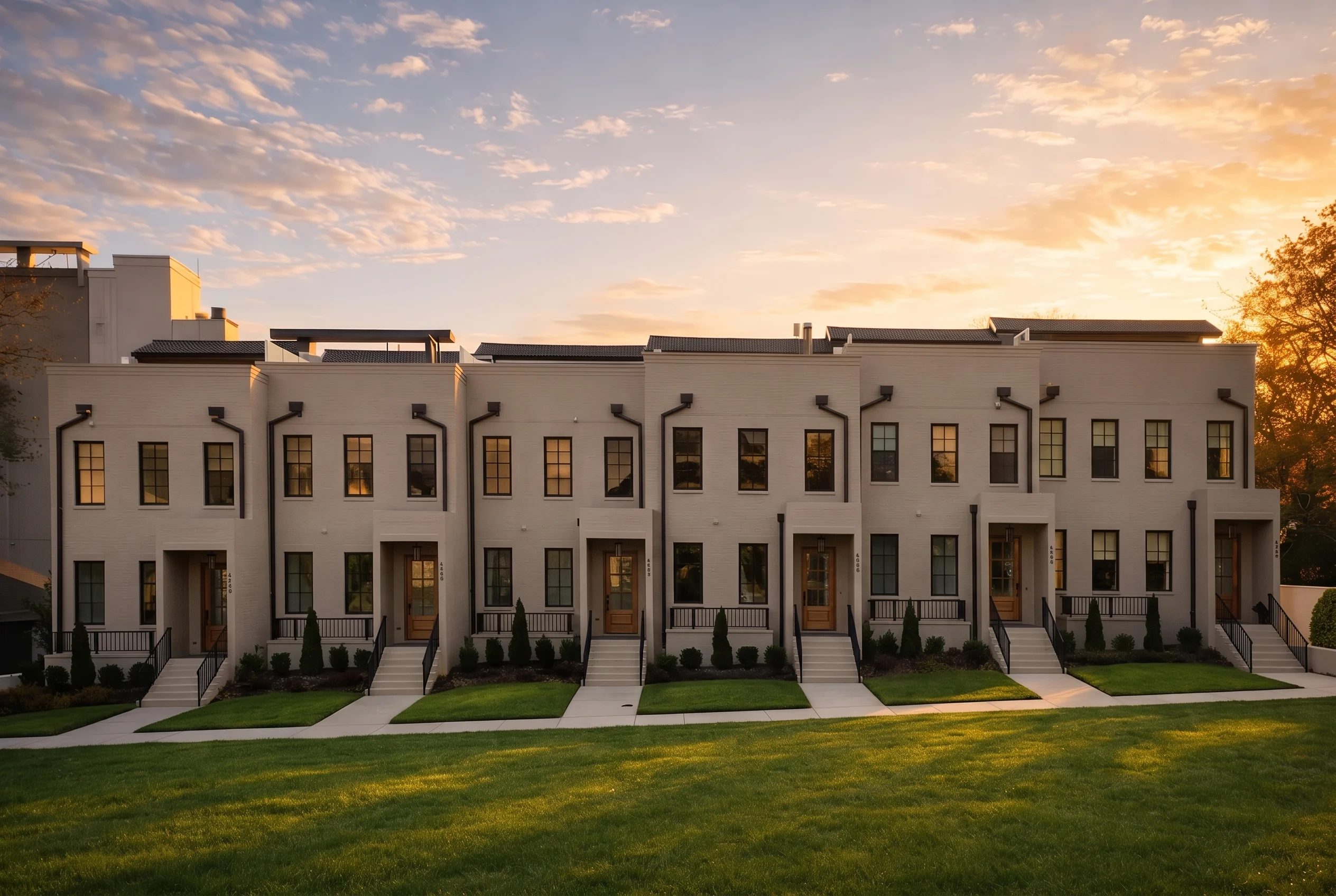Plan  19-1616 – Torres Meadow |  Urban Contemporary Townhome – 3-Bed, 3.5-Bath, 15,130 SF - Mushroom Taupe, AI-generated exterior concept