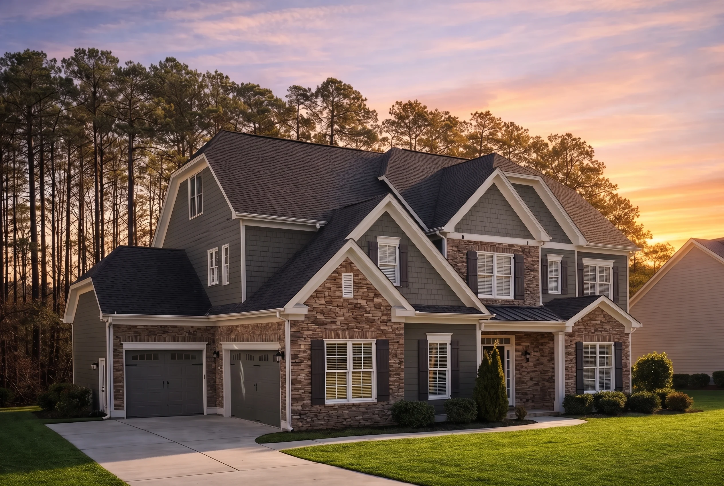 Plan  12-1085 – Hickory Hill Residence  | New American – 5-Bed, 5-Bath, 4,037 SF - Warm Charcoal, AI-generated exterior concept