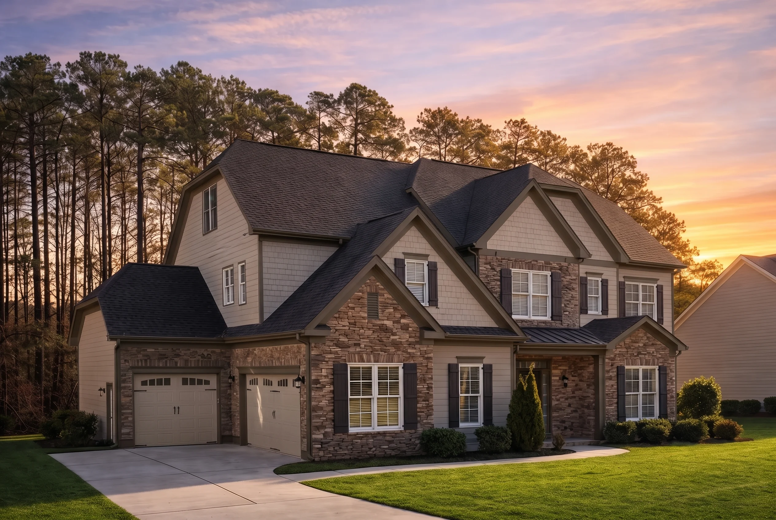 Plan  12-1085 – Hickory Hill Residence  | New American – 5-Bed, 5-Bath, 4,037 SF - Mushroom Taupe, AI-generated exterior concept