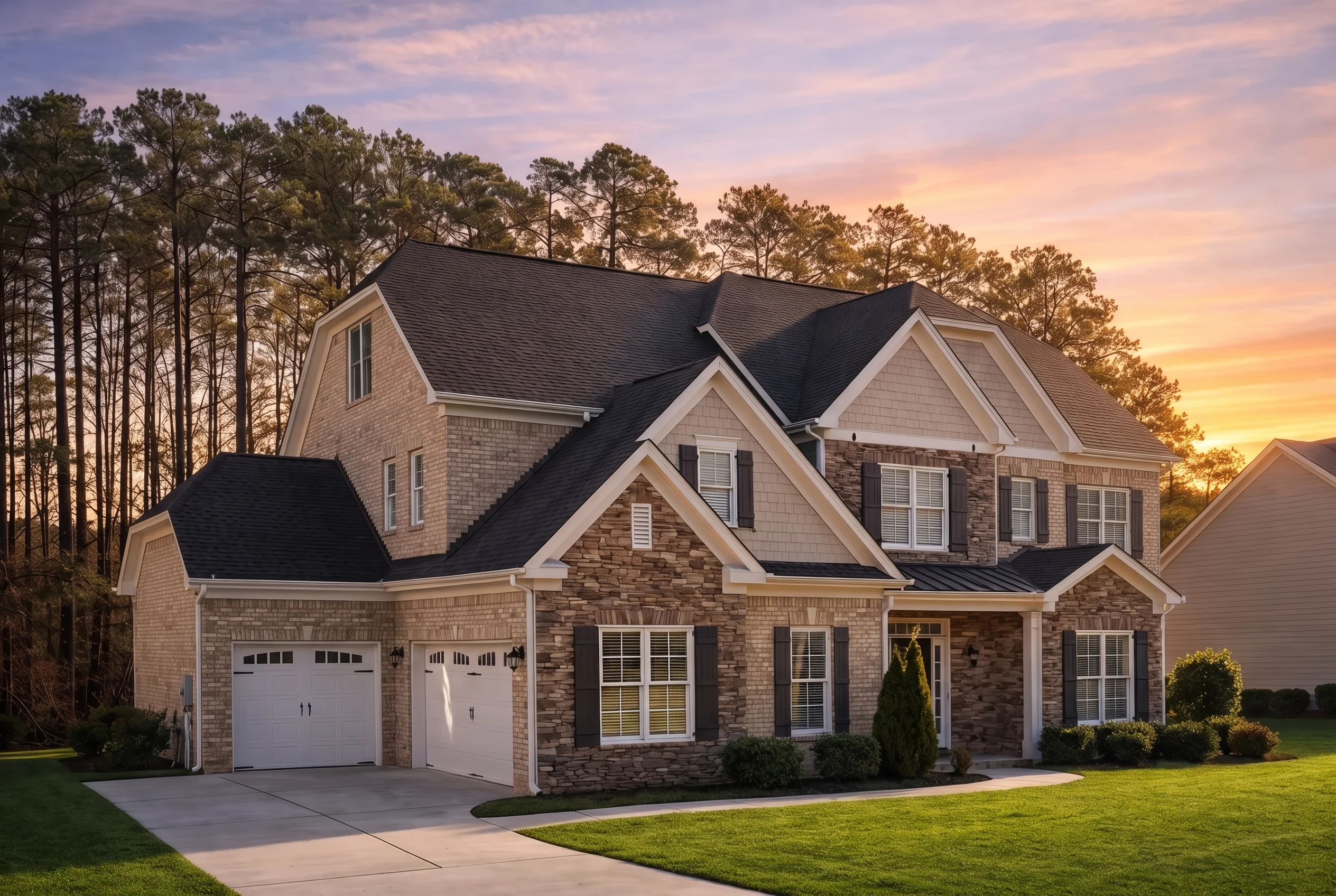 Plan  12-1085 – Hickory Hill Residence  | New American – 5-Bed, 5-Bath, 4,037 SF - Natural Brick, AI-generated exterior concept