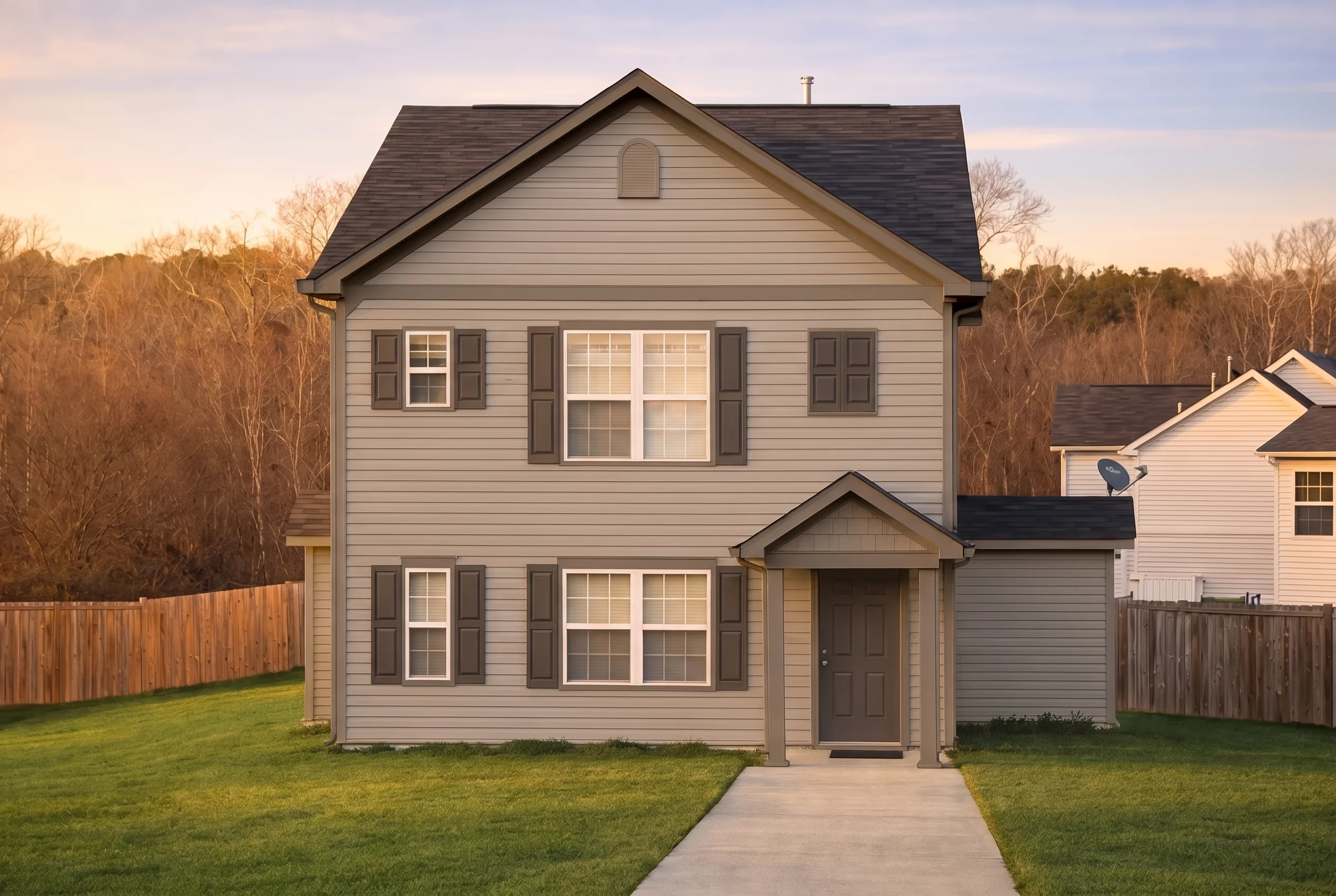 Plan  9-1694 – Monticello Manor |  Traditional ( ) – 1,408 SF - Mushroom Taupe, AI-generated exterior concept