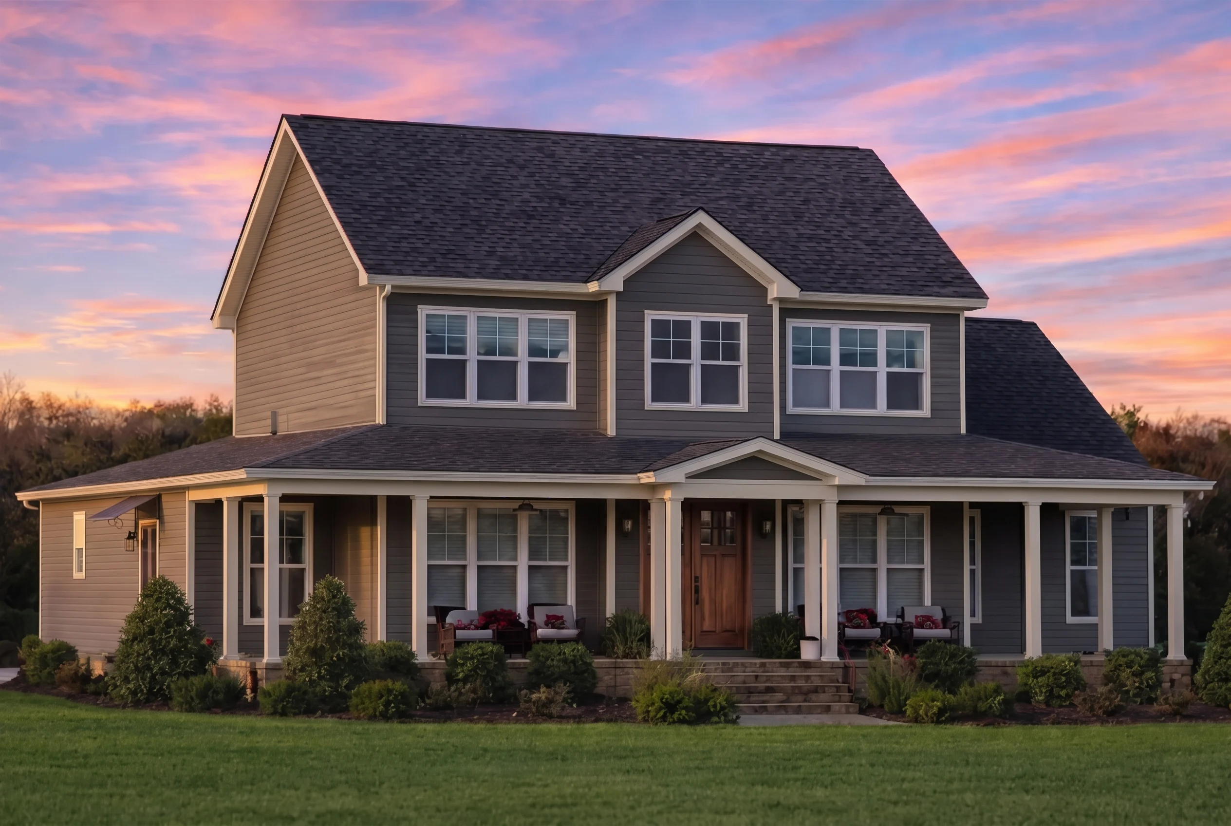 Plan  18-1326 – Foster Walk |  Traditional Colonial – 3-Bed, 2.5-Bath, 2,418 SF - Warm Charcoal, AI-generated exterior concept