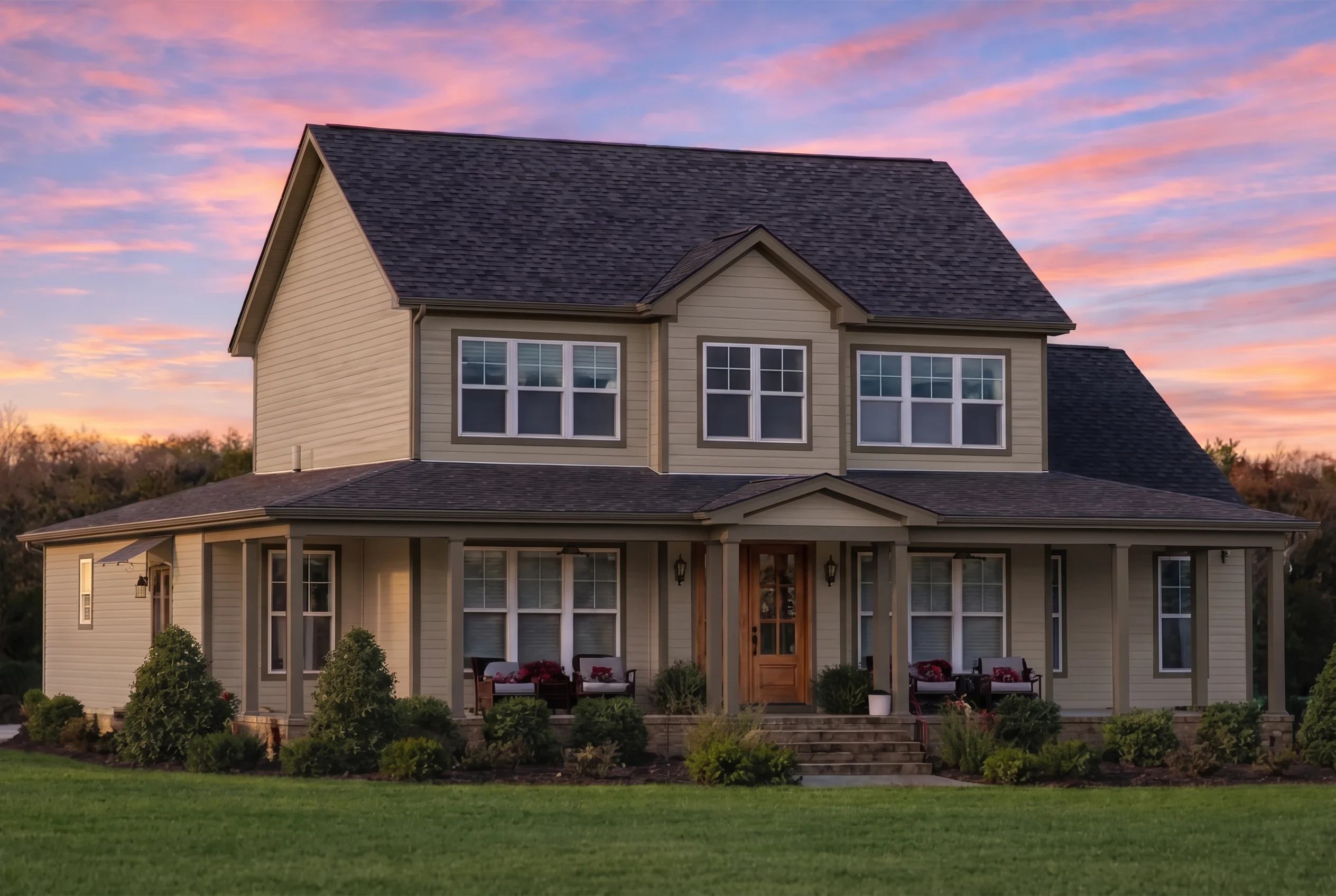 Plan  18-1326 – Foster Walk |  Traditional Colonial – 3-Bed, 2.5-Bath, 2,418 SF - Mushroom Taupe, AI-generated exterior concept