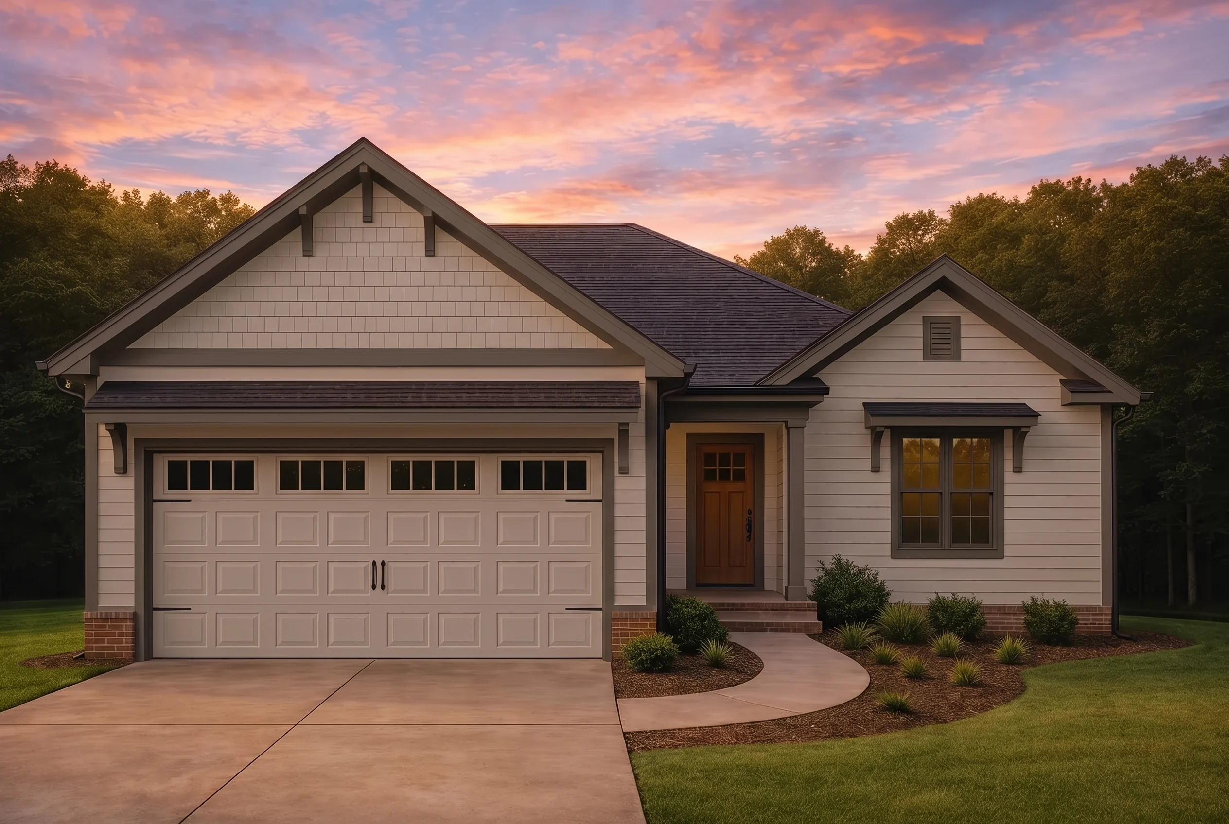 Plan  16-1509 – The James Cottage |  Craftsman Ranch – 3-Bed, 2-Bath, 4,901 SF - Mushroom Taupe, AI-generated exterior concept
