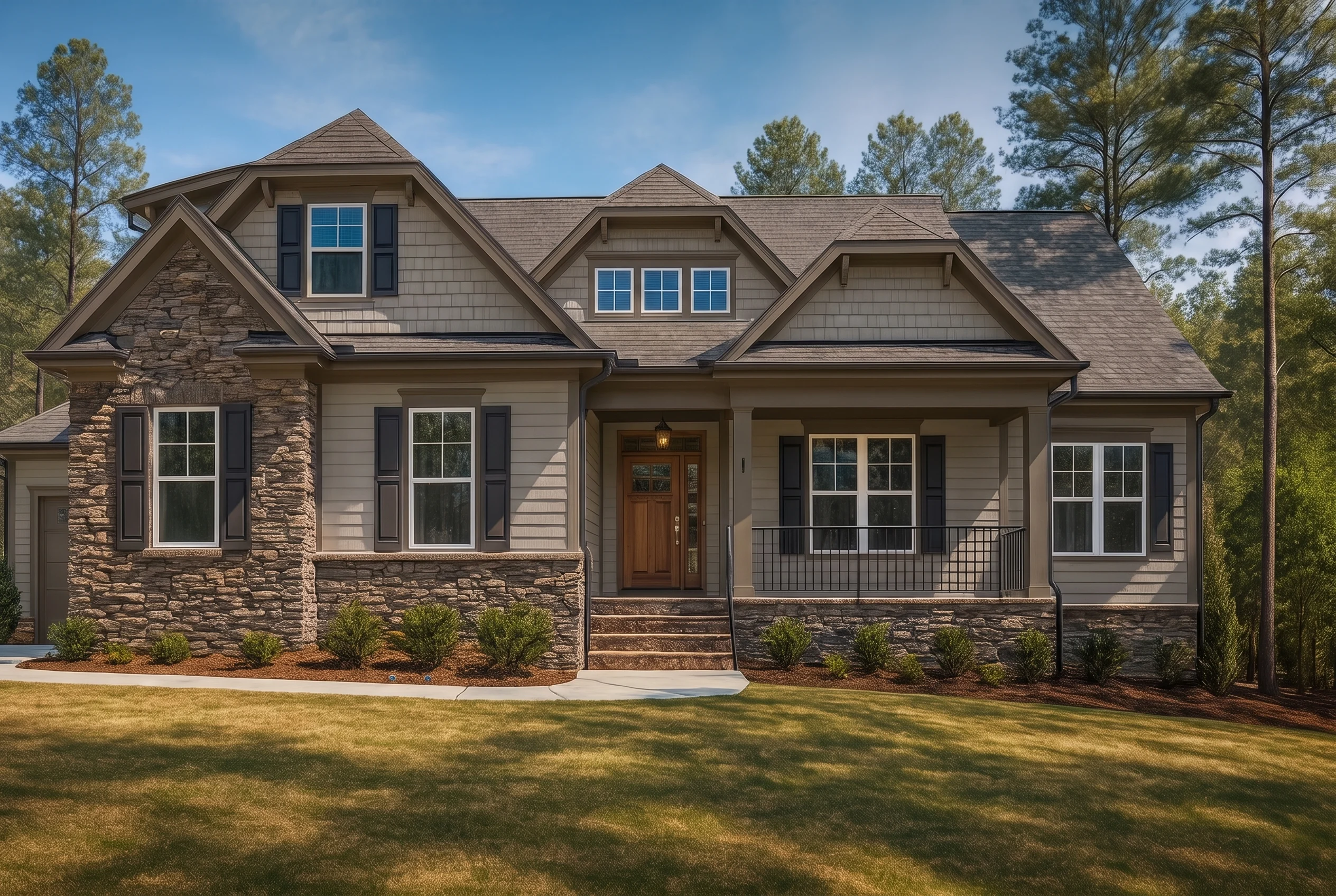 Plan  18-1725 – Harris Retreat | New  American – 4-Bed, 3-Bath, 2,878 SF - Mushroom Taupe, AI-generated exterior concept