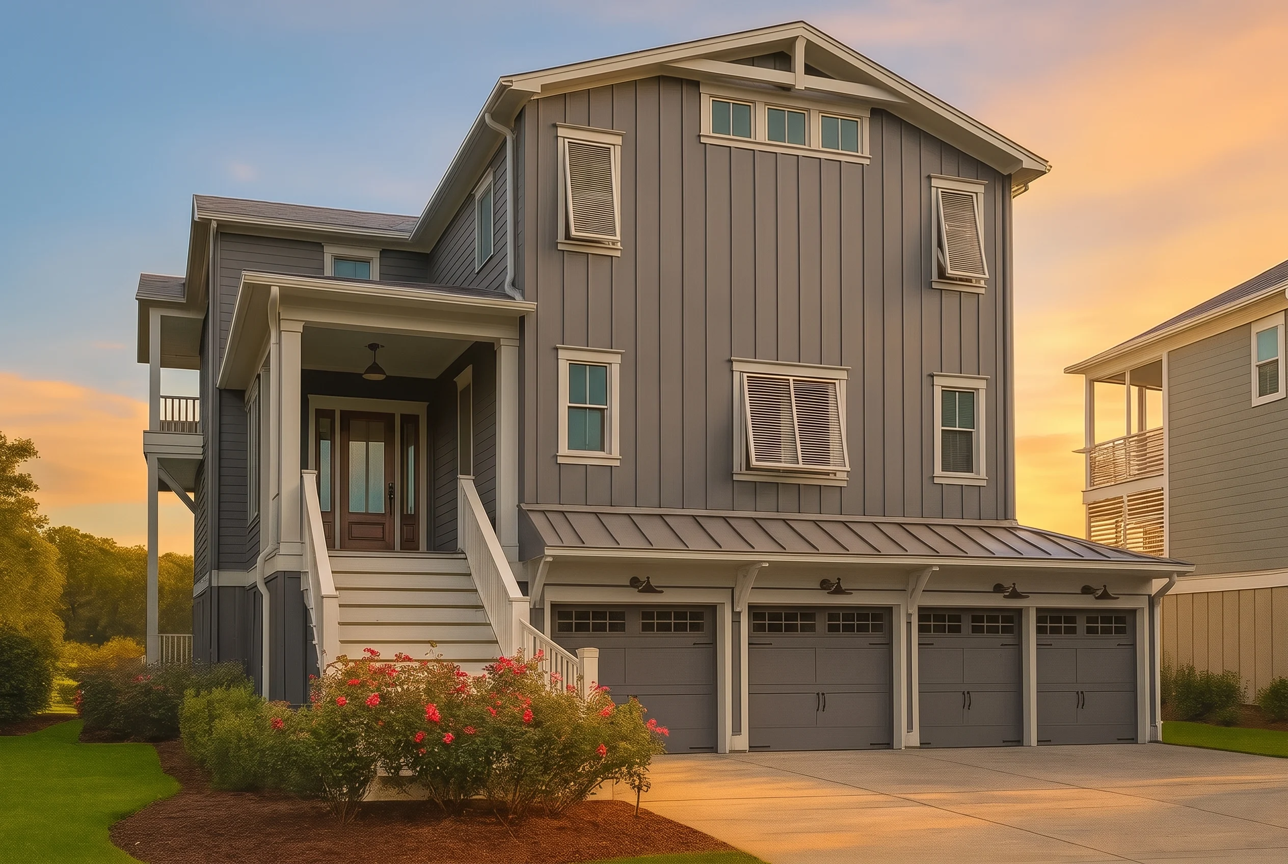 Plan  15-1665 – Johnson Estate |  Coastal Farmhouse – 4-Bed, 2-Bath, 4,639 SF - Warm Charcoal, AI-generated exterior concept