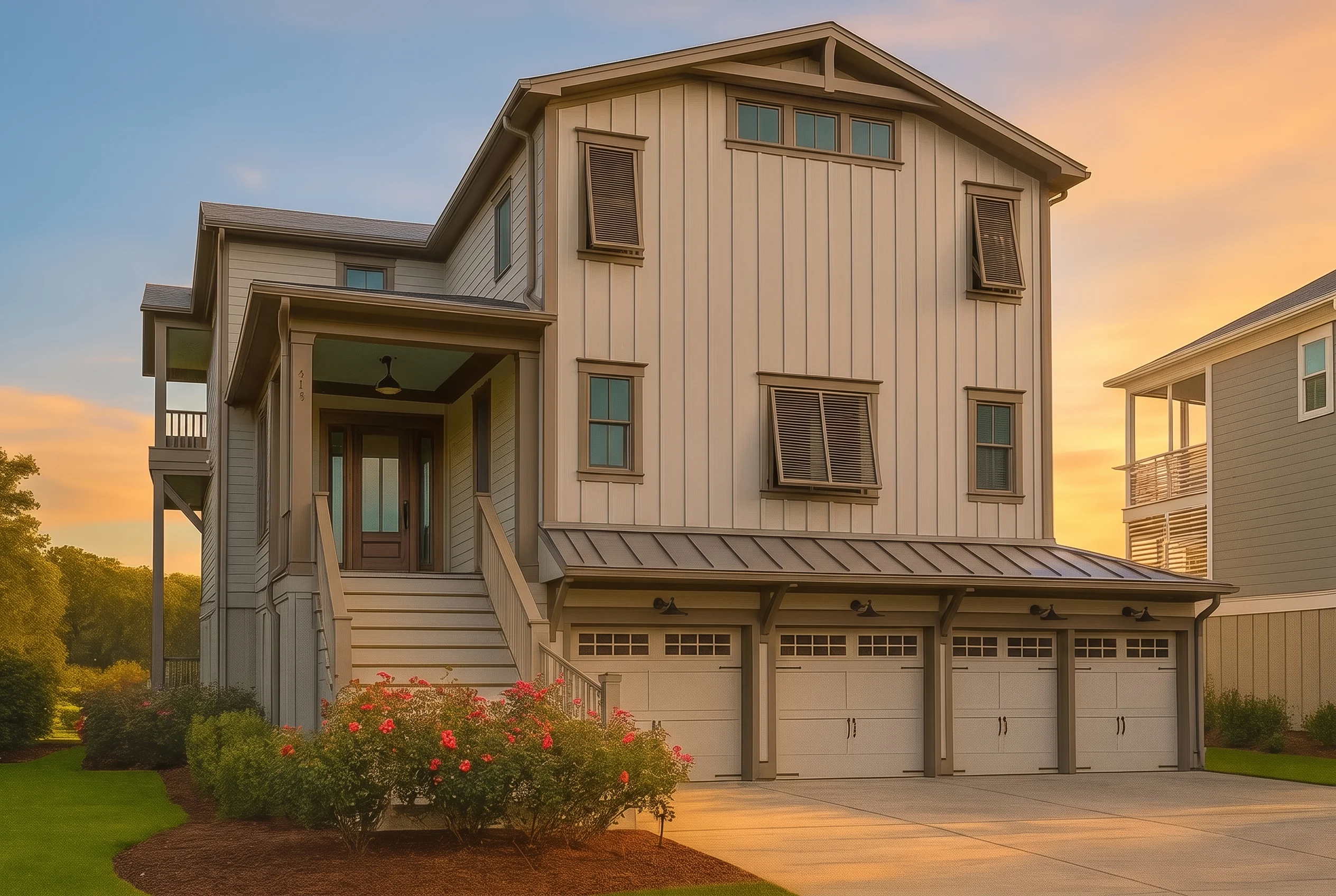 Plan  15-1665 – Johnson Estate |  Coastal Farmhouse – 4-Bed, 2-Bath, 4,639 SF - Mushroom Taupe, AI-generated exterior concept