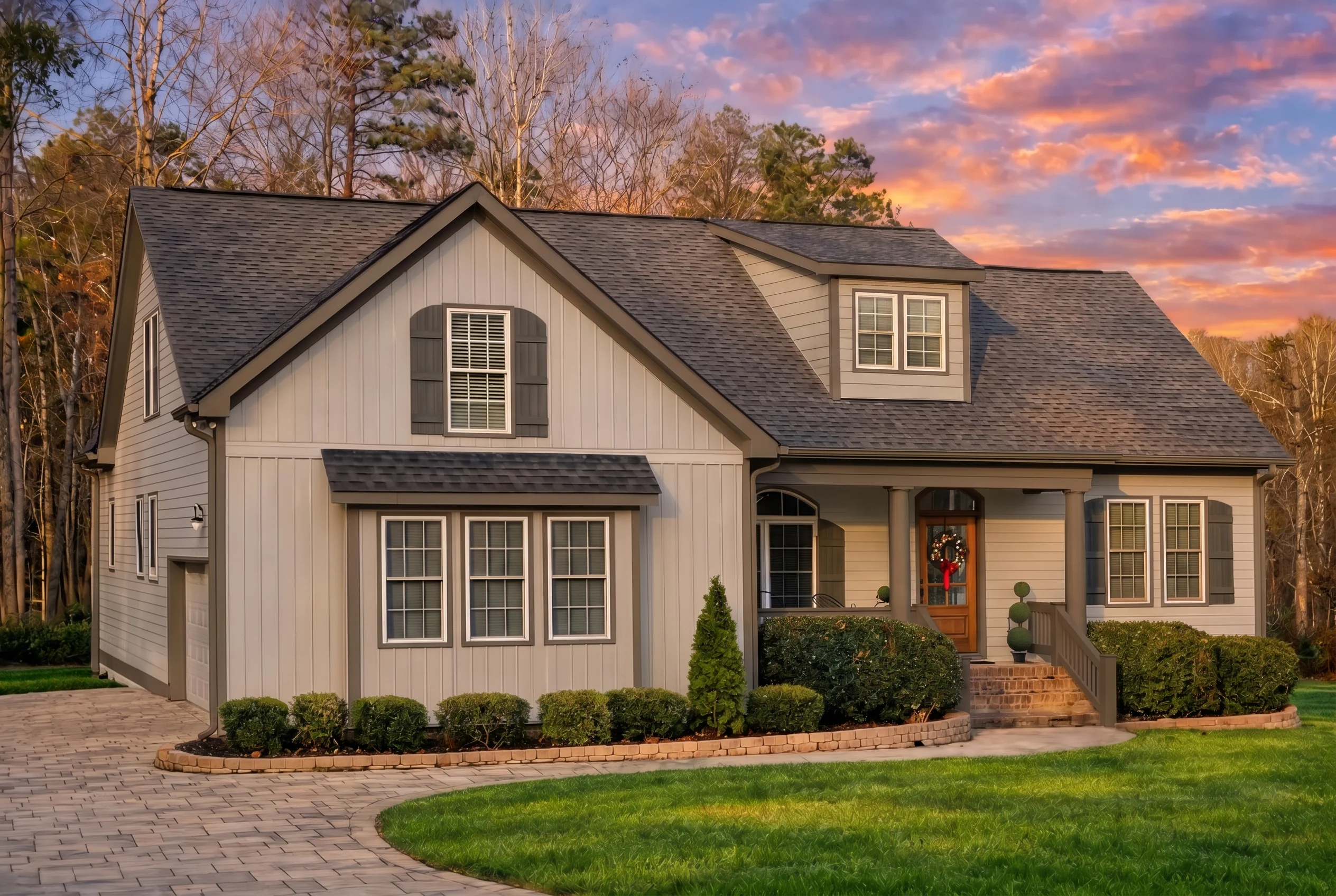 Plan  8-1961 – Martinez Meadow |  Modern Farmhouse – 3-Bed, 2-Bath, 2,296 SF - Mushroom Taupe, AI-generated exterior concept