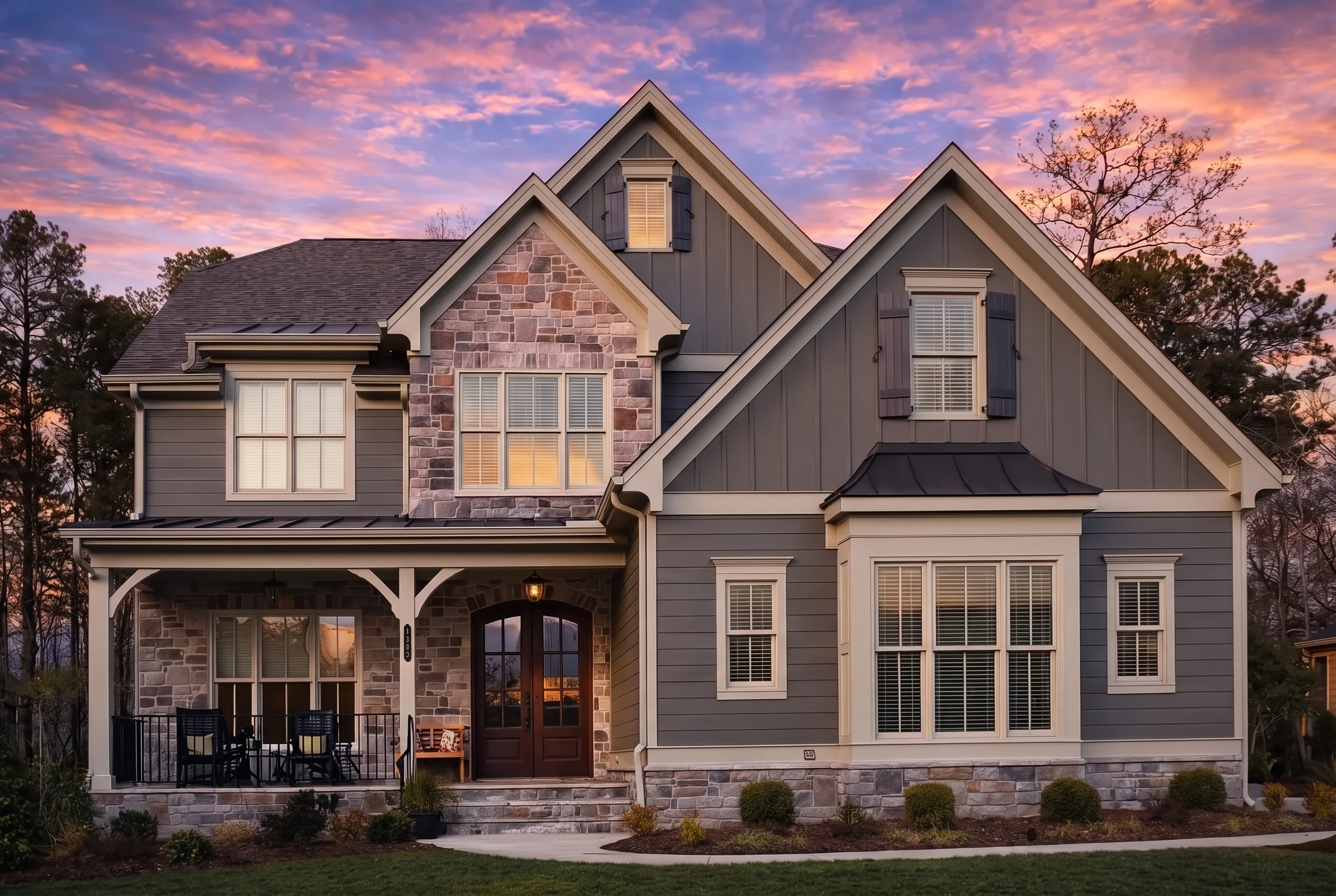 Plan  15-1001 – Hickory Valley Homestead | Modern Farmhouse – 5-Bed, 5-Bath, 4,294 SF - Warm Charcoal, AI-generated exterior concept