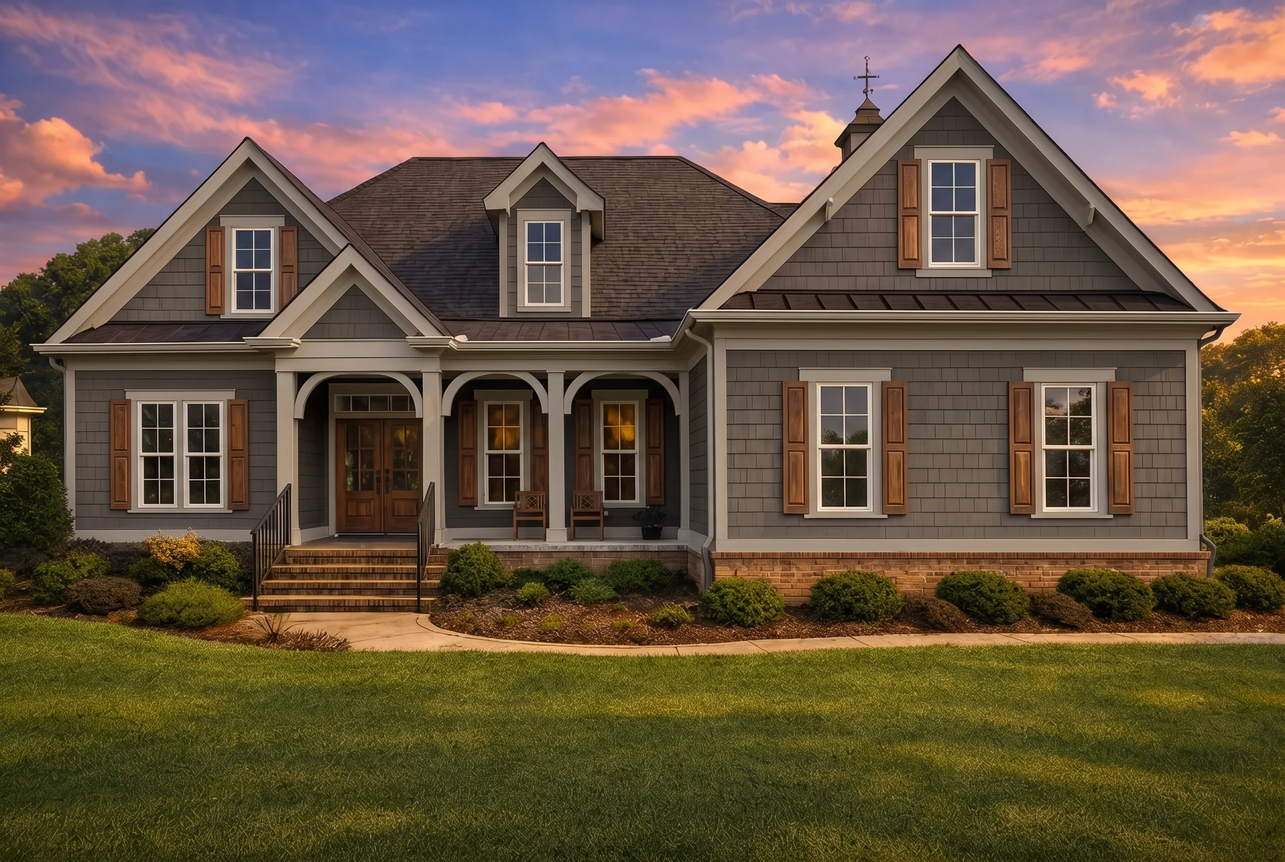 Plan  16-1309 – Bell Crossing |  Coastal Farmhouse – 3-Bed, 2.5-Bath, 3,206 SF - Warm Charcoal, AI-generated exterior concept