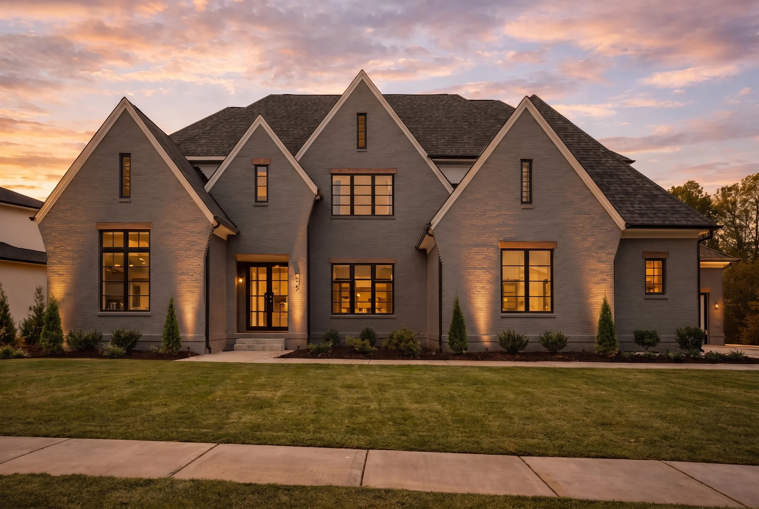 Plan  18-2143 – The King House |  Modern Farmhouse – 6-Bed, 7-Bath, 6,450 SF - Warm Charcoal, AI-generated exterior concept