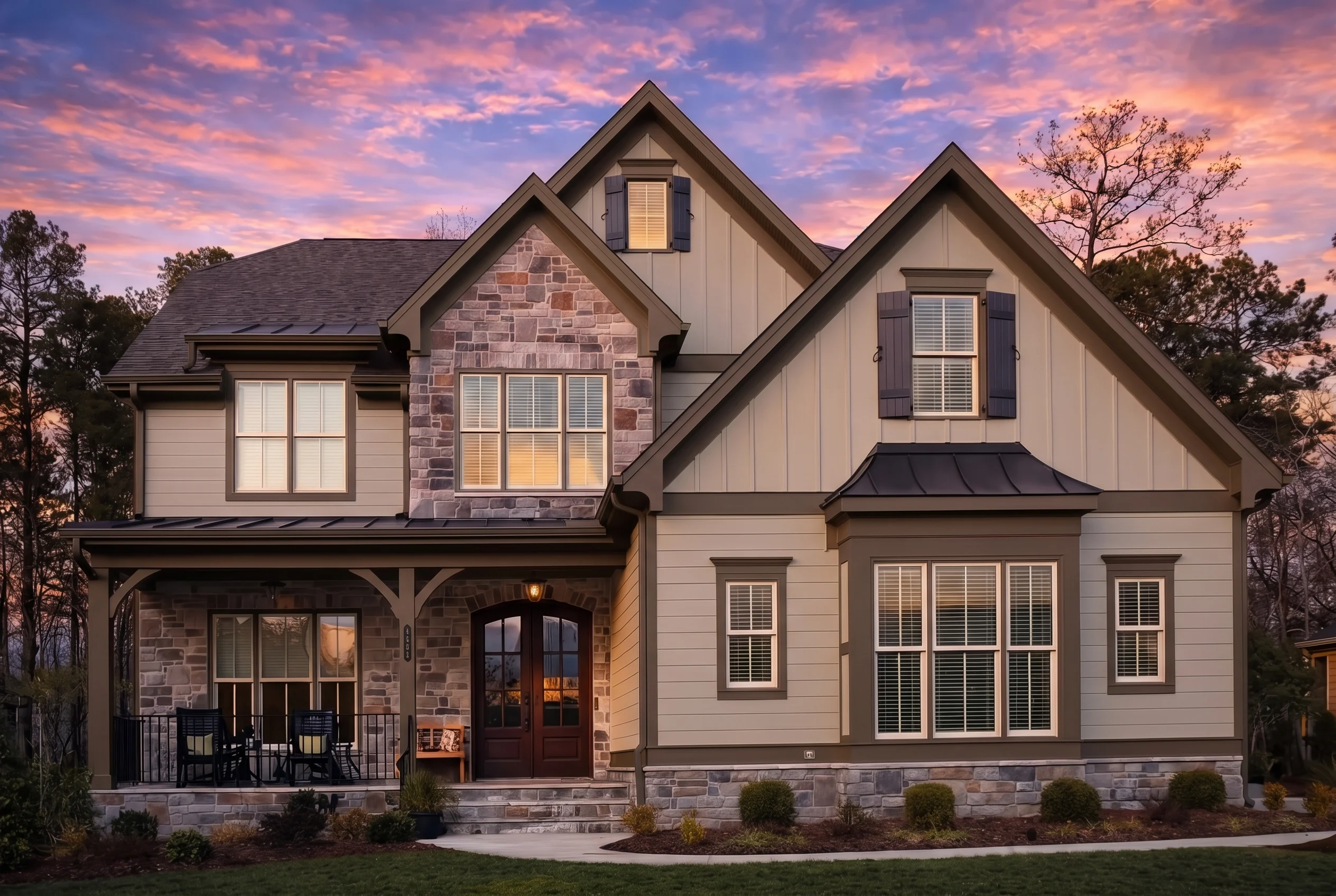Plan  15-1001 – Hickory Valley Homestead | Modern Farmhouse – 5-Bed, 5-Bath, 4,294 SF - Mushroom Taupe, AI-generated exterior concept