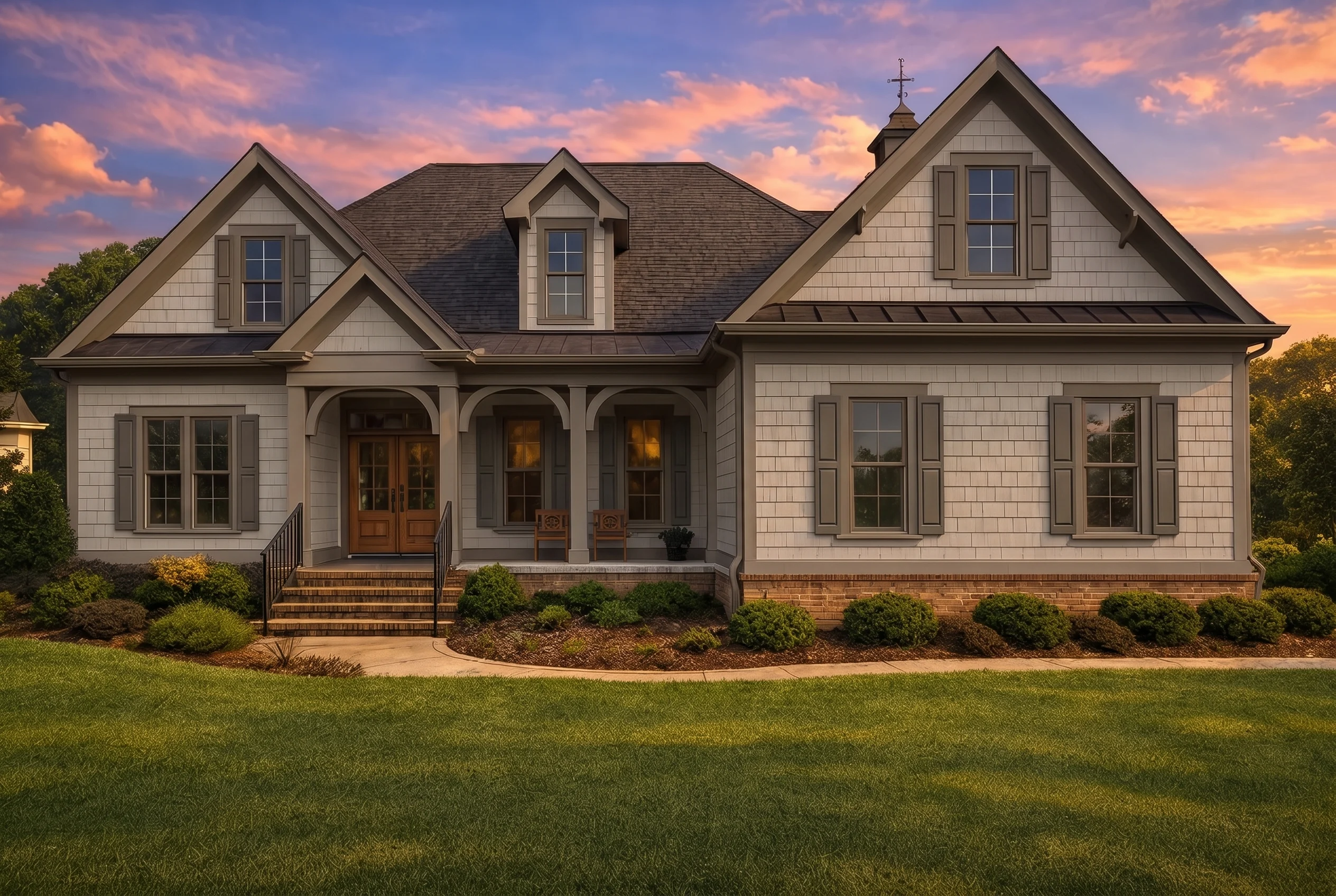 Plan  16-1309 – Bell Crossing |  Coastal Farmhouse – 3-Bed, 2.5-Bath, 3,206 SF - Mushroom Taupe, AI-generated exterior concept