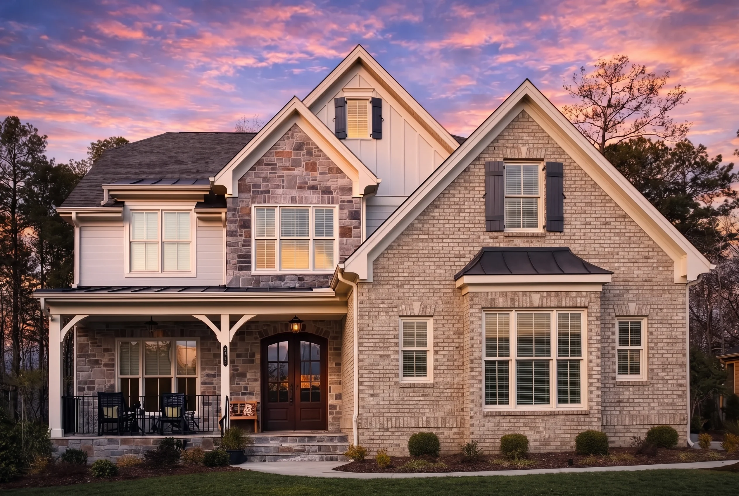 Plan  15-1001 – Hickory Valley Homestead | Modern Farmhouse – 5-Bed, 5-Bath, 4,294 SF - Natural Brick, AI-generated exterior concept