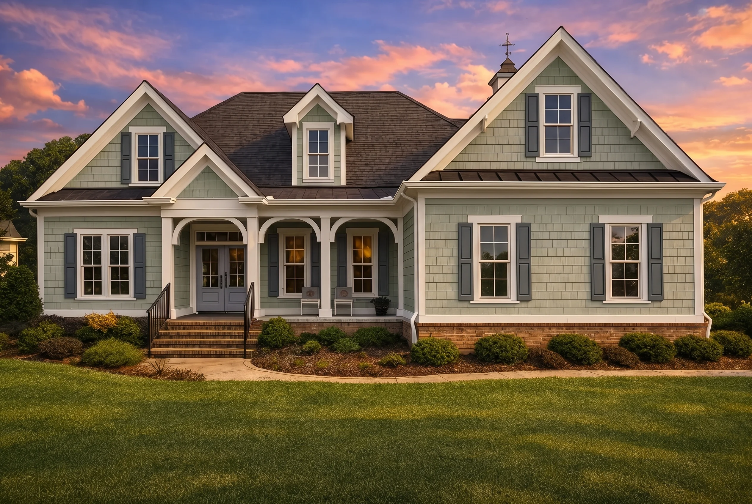 Plan  16-1309 – Bell Crossing |  Coastal Farmhouse – 3-Bed, 2.5-Bath, 3,206 SF - Muted Sage, AI-generated exterior concept