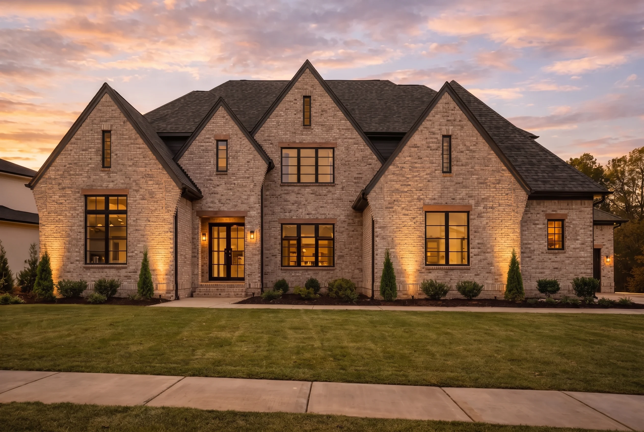 Plan  18-2143 – The King House |  Modern Farmhouse – 6-Bed, 7-Bath, 6,450 SF - Natural Brick, AI-generated exterior concept