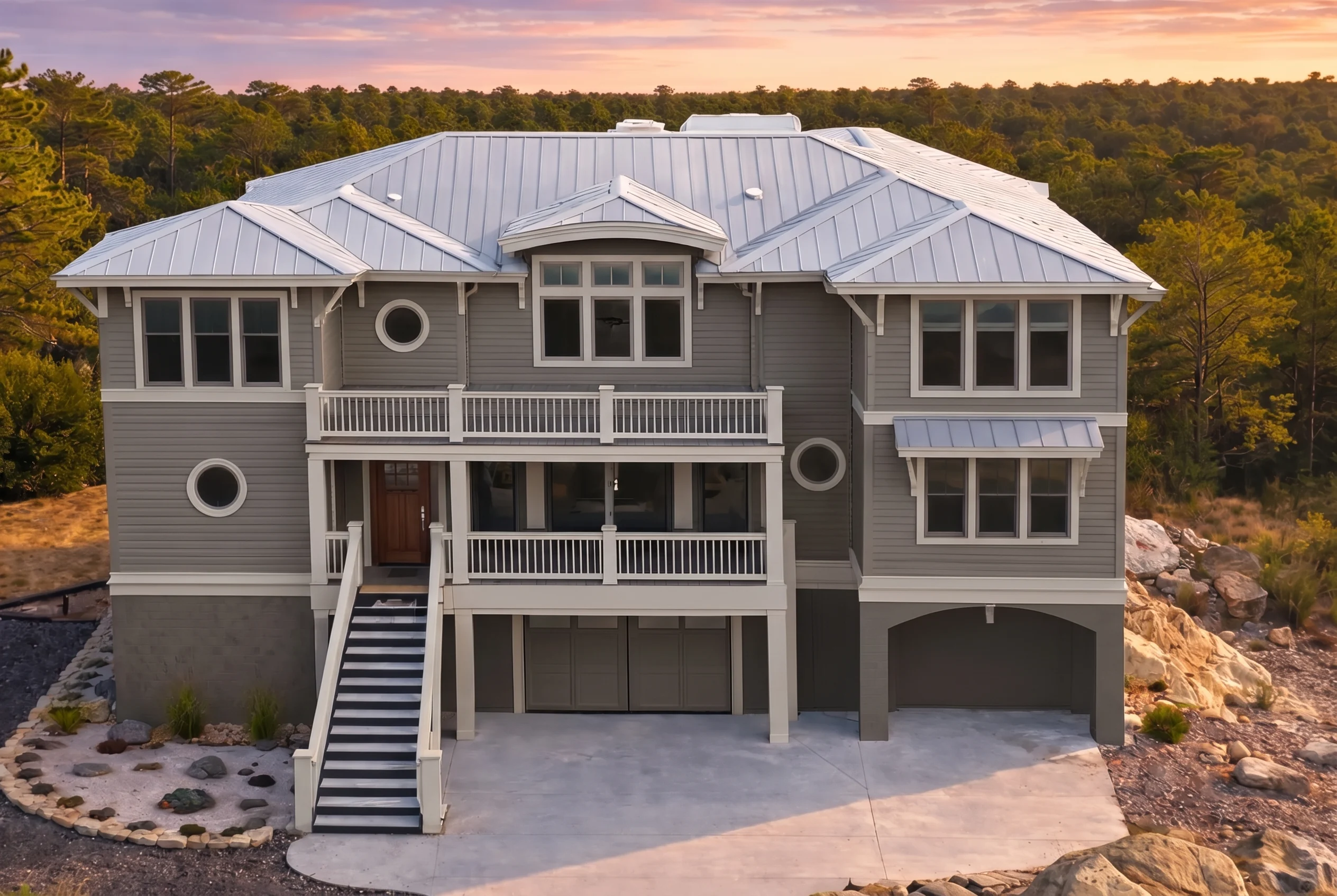 Plan  18-1216 – The Long Manor |  Coastal – 4-Bed, 3.5-Bath, 3,344 SF - Warm Charcoal, AI-generated exterior concept