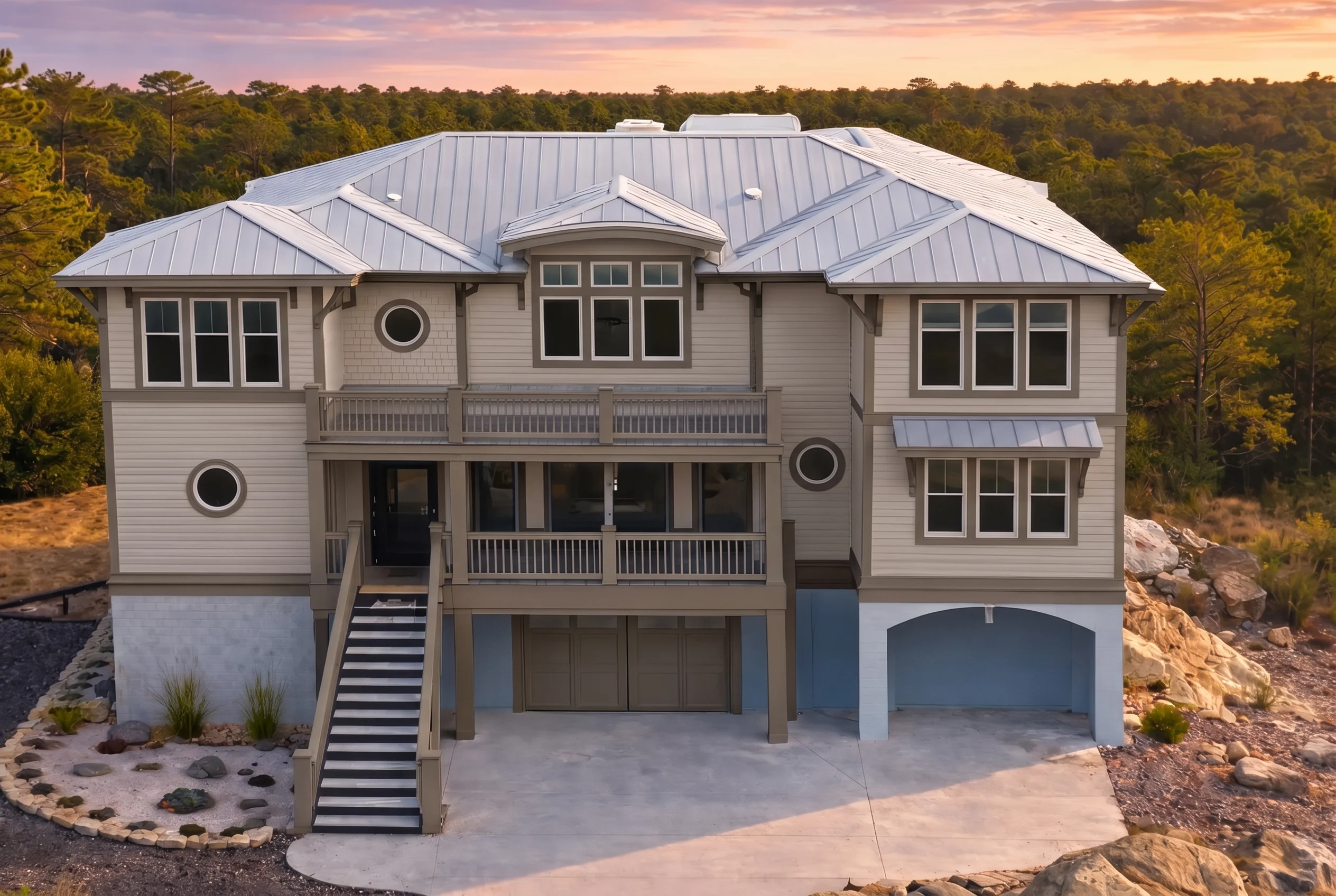 Plan  18-1216 – The Long Manor |  Coastal – 4-Bed, 3.5-Bath, 3,344 SF - Mushroom Taupe, AI-generated exterior concept