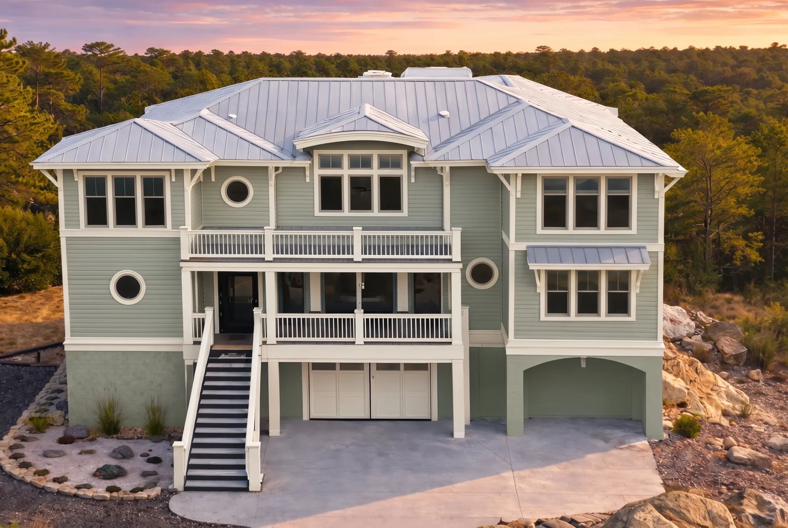 Plan  18-1216 – The Long Manor |  Coastal – 4-Bed, 3.5-Bath, 3,344 SF - Muted Sage, AI-generated exterior concept