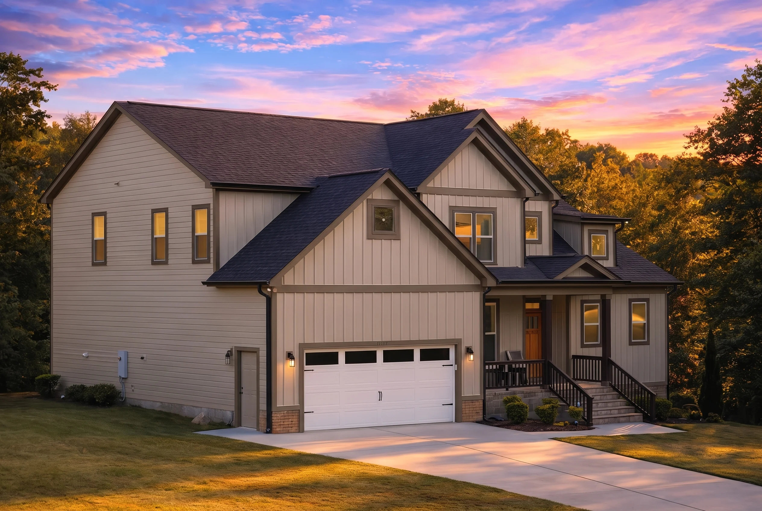 Plan  19-1489 – The Bailey Station |  Modern Farmhouse – 4-Bed, 3.5-Bath, 2,969 SF - Mushroom Taupe, AI-generated exterior concept