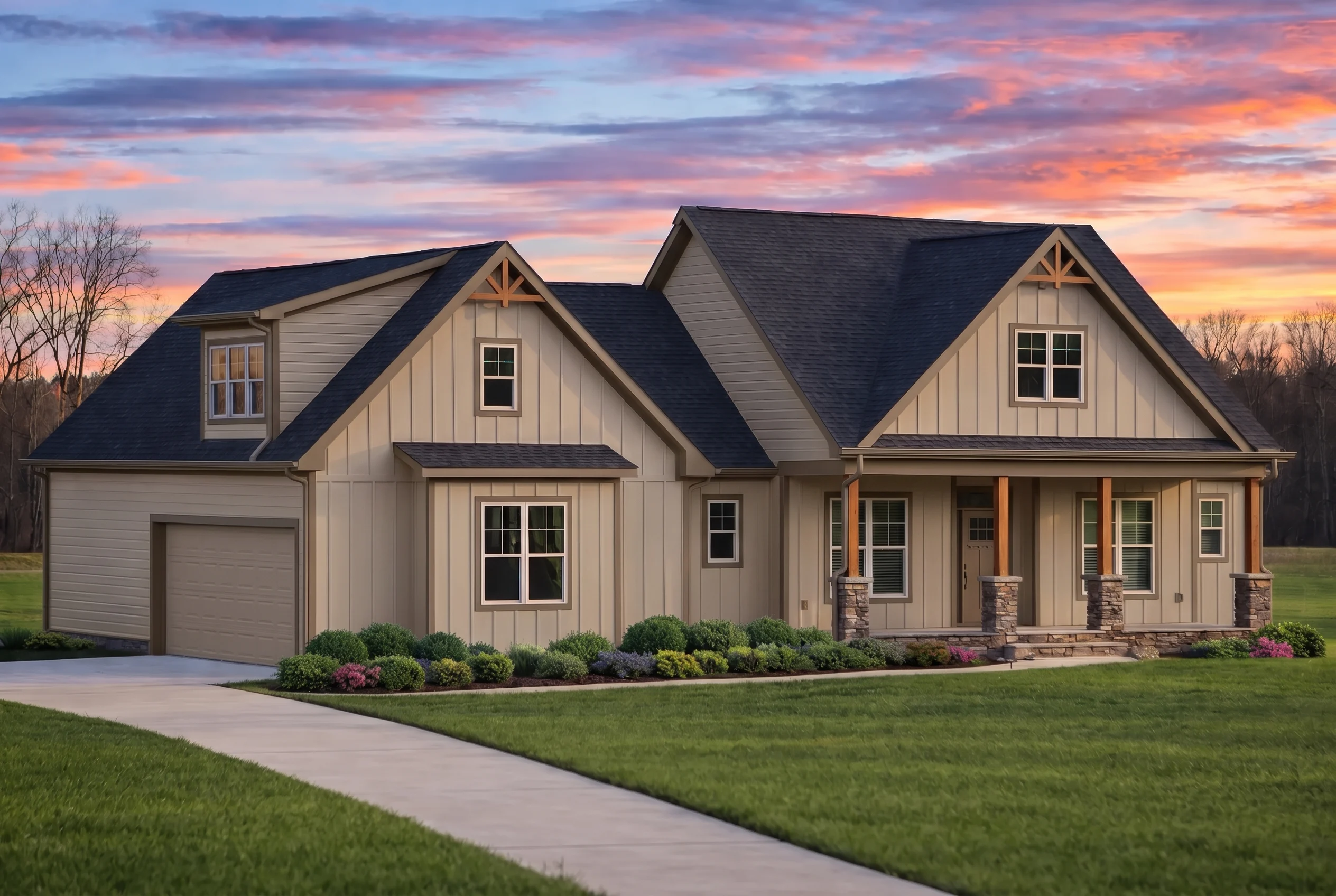 Plan  19-2086 – Bryant Meadow |  Craftsman Cottage – 3-Bed, 2-Bath, 1,928 SF - Mushroom Taupe, AI-generated exterior concept