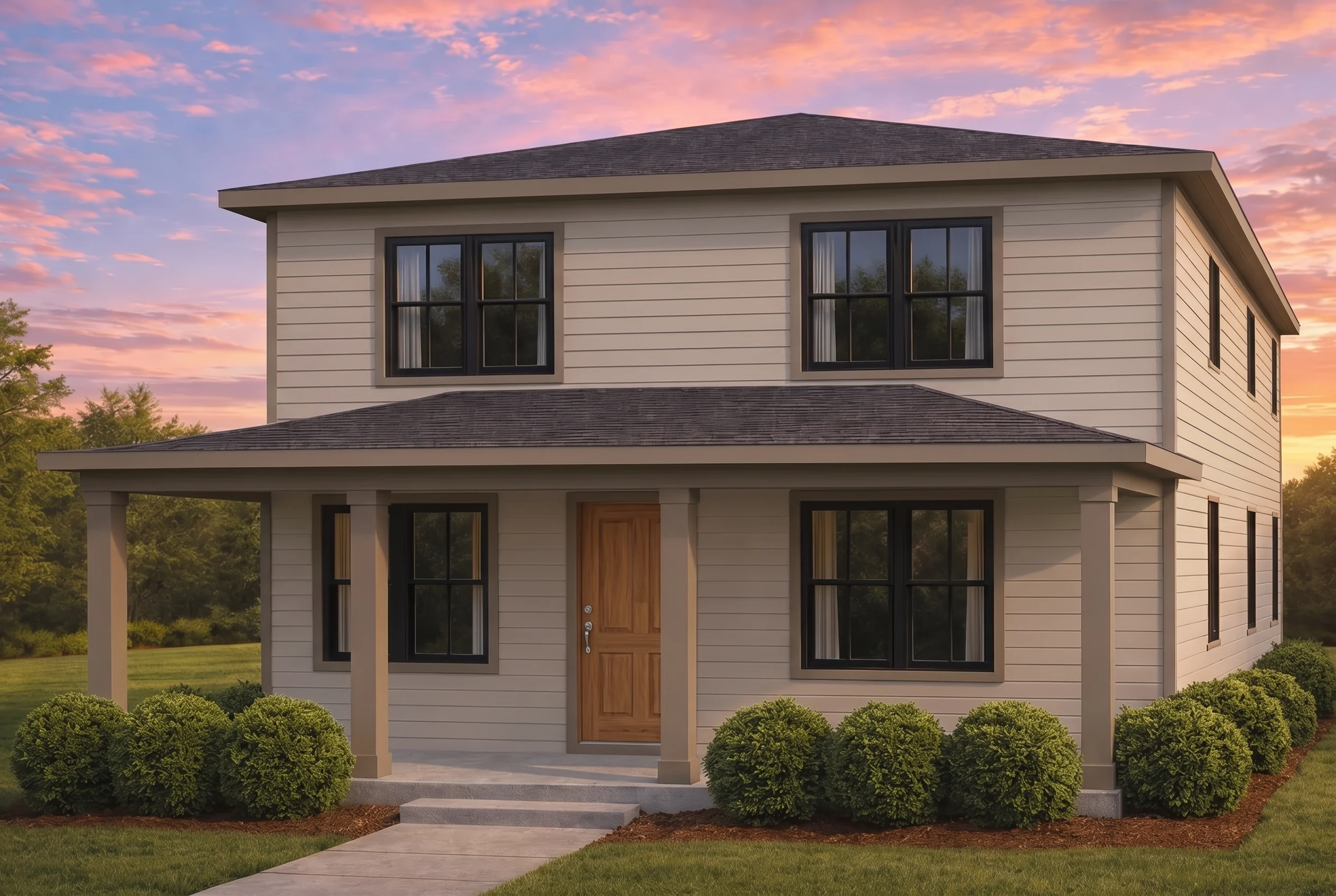 Plan  20-1064 – The Young House |  New American – 5-Bed, 4.5-Bath, 2,145 SF - Mushroom Taupe, AI-generated exterior concept