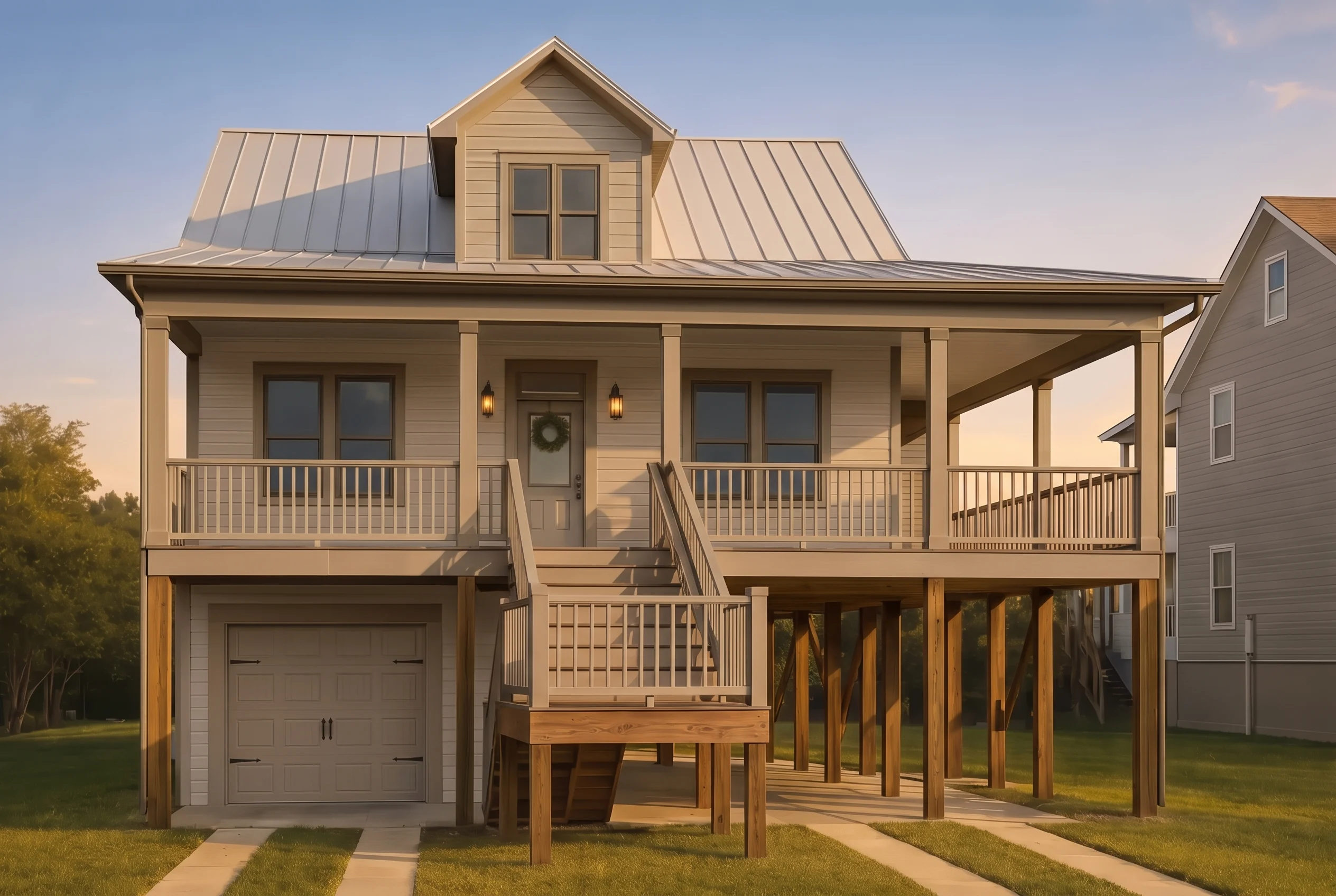 Plan  11-1922 – Holly Ridge Cottage  | Coastal – 3-Bed, 2-Bath, 1,704 SF - Mushroom Taupe, AI-generated exterior concept