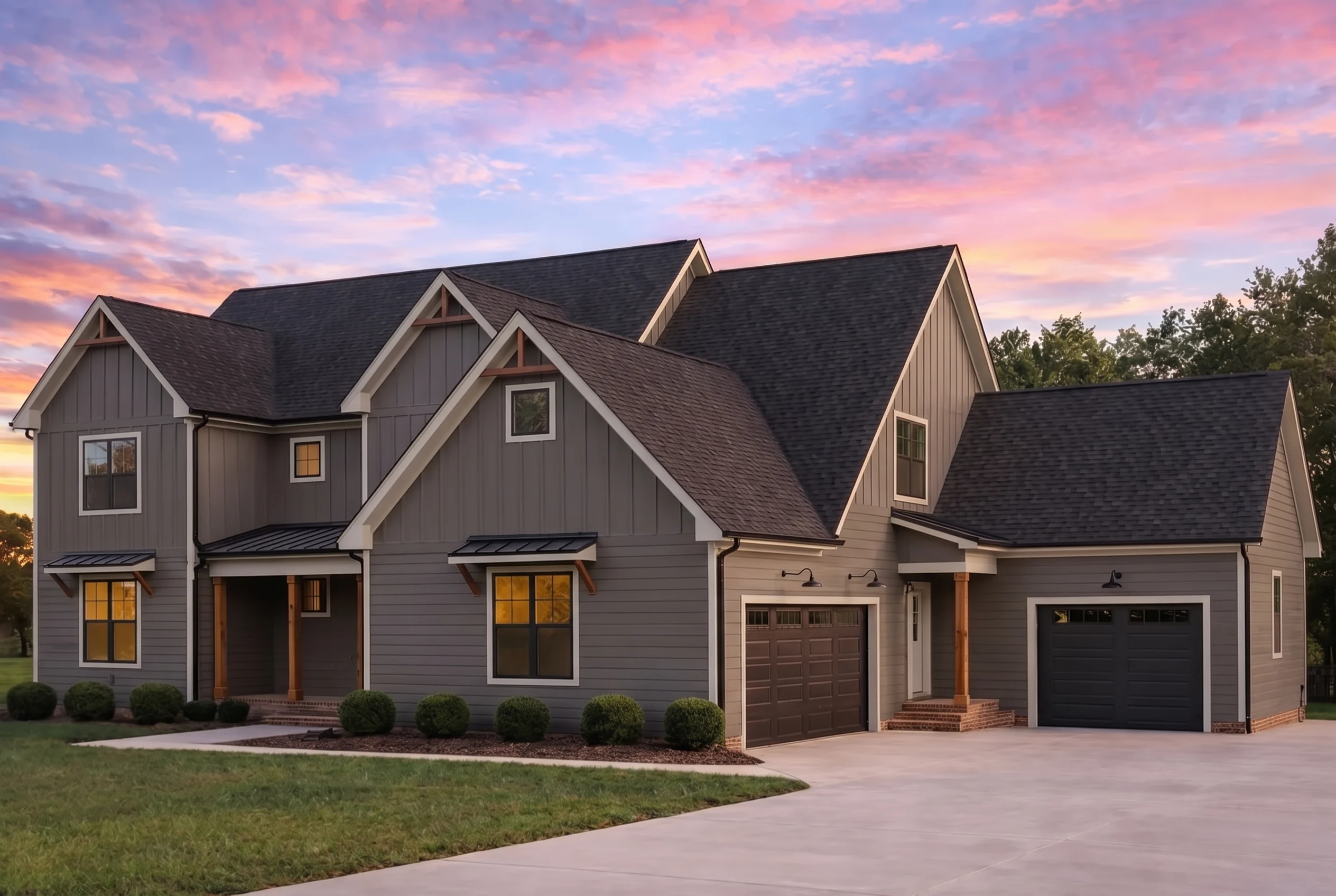 Plan  20-1896 – The Hayes Station |  Modern Farmhouse – 4-Bed, 4.5-Bath, 3,426 SF - Warm Charcoal, AI-generated exterior concept