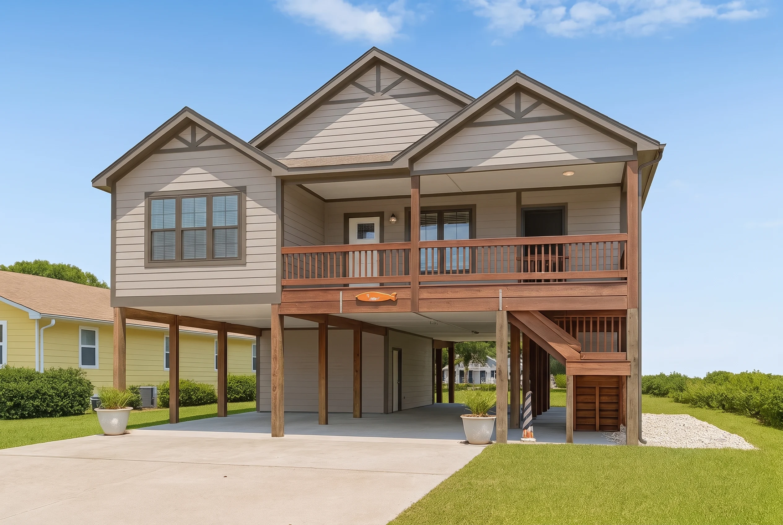 Plan  9-1693 – Adirondack Lodge |  Beach – 3-Bed, 2-Bath, 1,582 SF - Mushroom Taupe, AI-generated exterior concept
