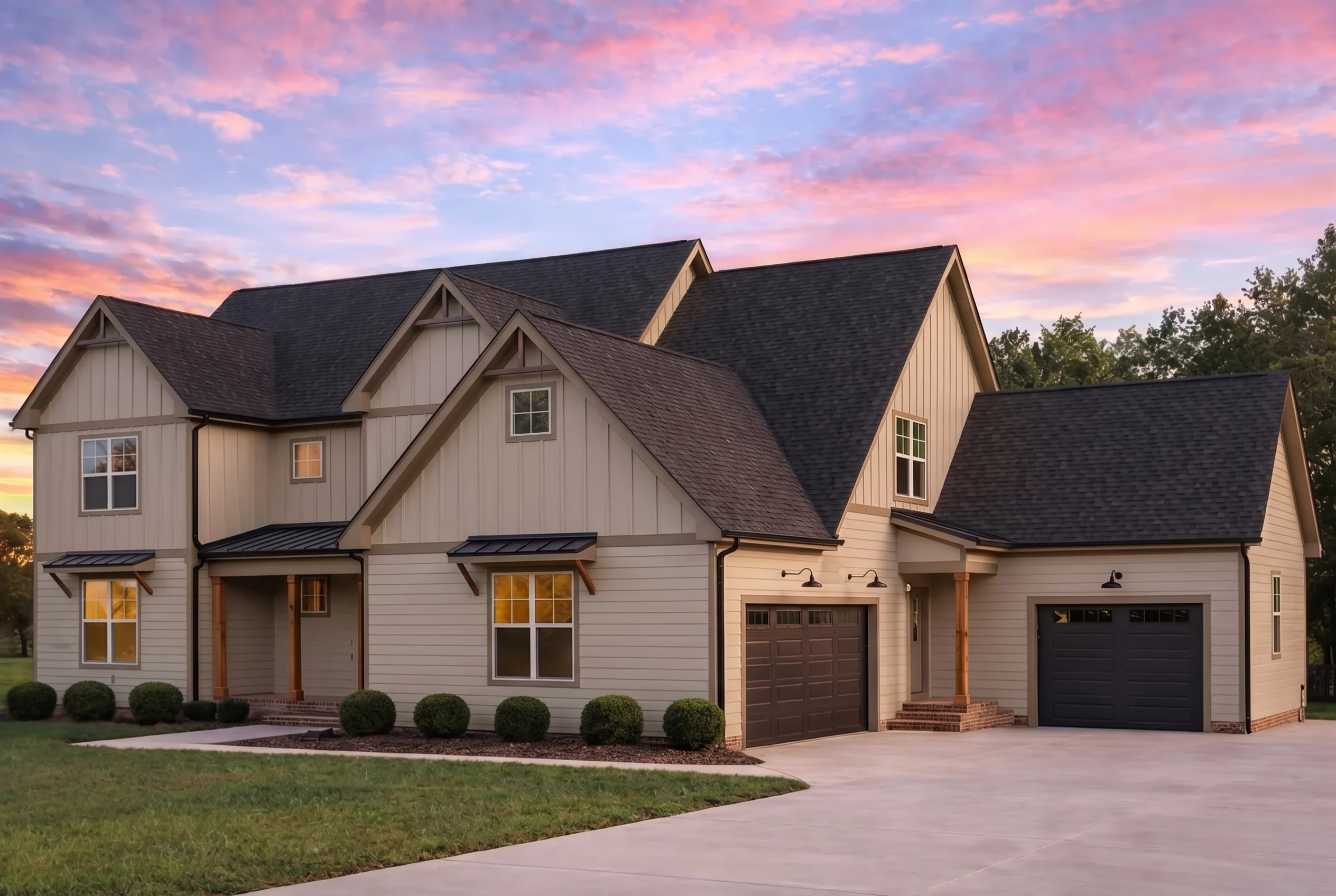 Plan  20-1896 – The Hayes Station |  Modern Farmhouse – 4-Bed, 4.5-Bath, 3,426 SF - Mushroom Taupe, AI-generated exterior concept