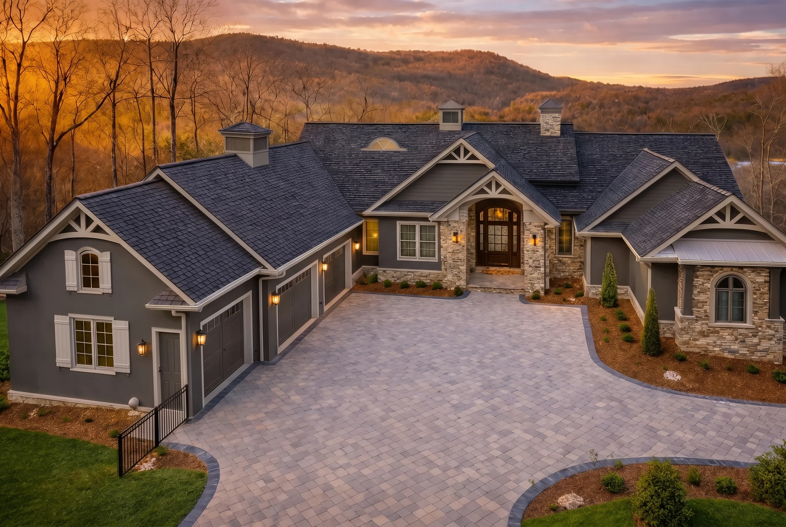 Plan  19-1853 – Henderson Meadow |  New American – 3-Bed, 3.5-Bath, 5,292 SF - Warm Charcoal, AI-generated exterior concept