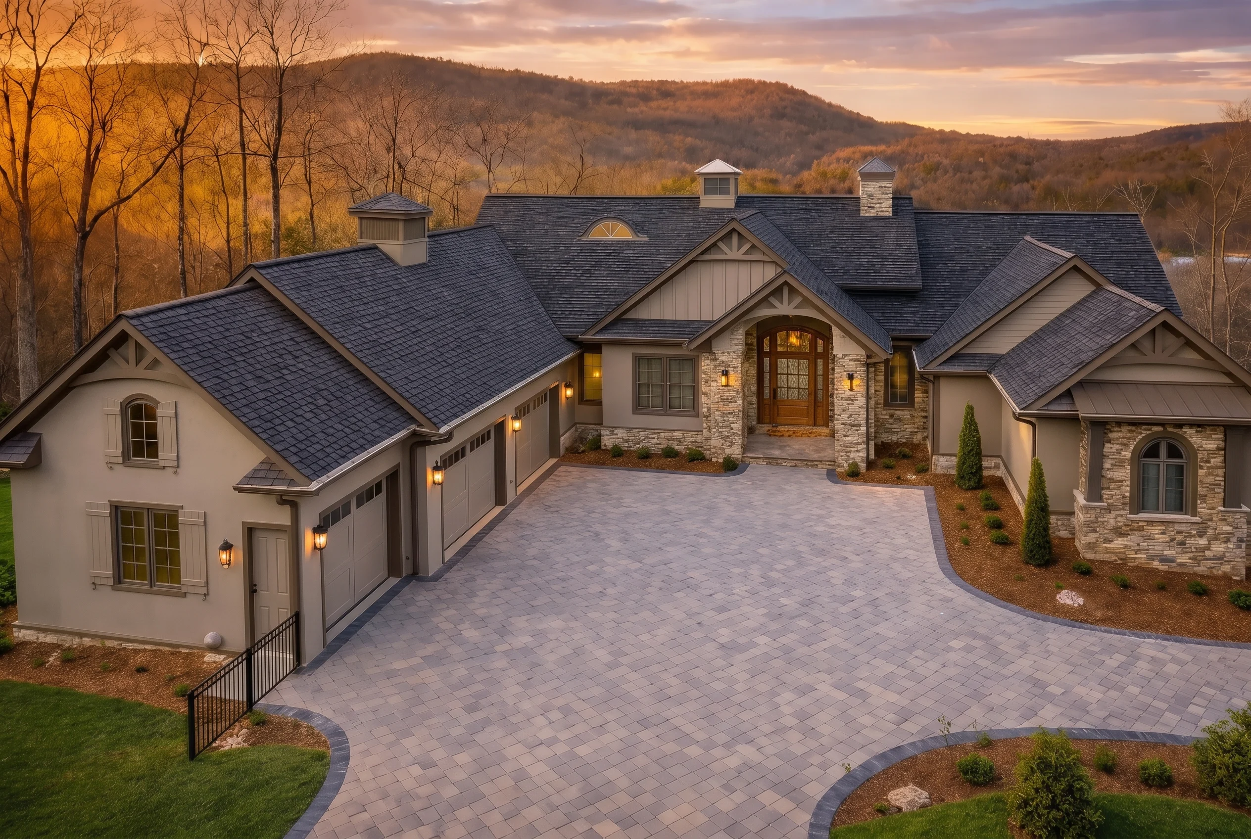 Plan  19-1853 – Henderson Meadow |  New American – 3-Bed, 3.5-Bath, 5,292 SF - Mushroom Taupe, AI-generated exterior concept