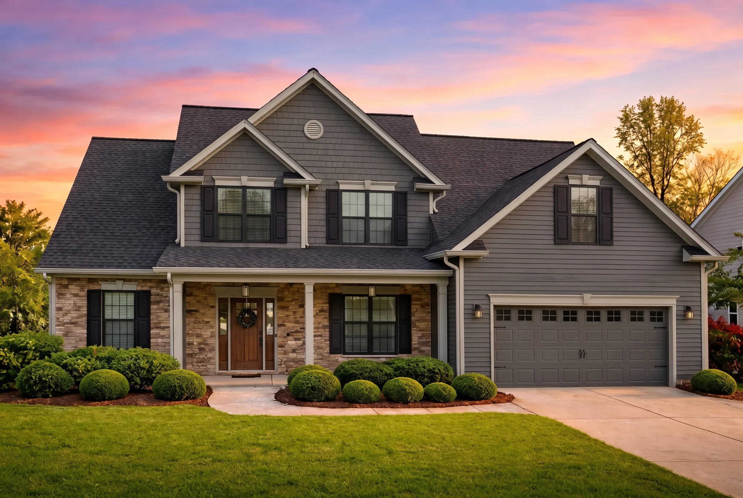 Plan  9-1124 – The King Farmhouse |  Traditional Colonial – 3-Bed, 3-Bath, 2,862 SF - Warm Charcoal, AI-generated exterior concept