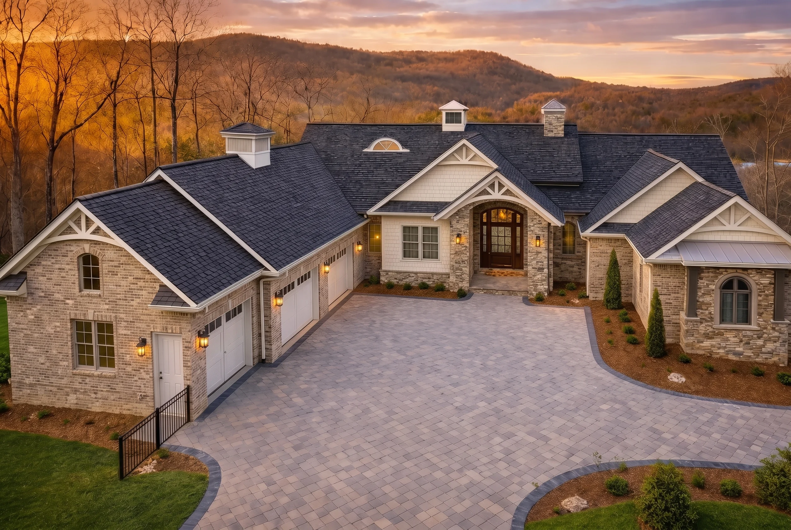 Plan  19-1853 – Henderson Meadow |  New American – 3-Bed, 3.5-Bath, 5,292 SF - Natural Brick, AI-generated exterior concept