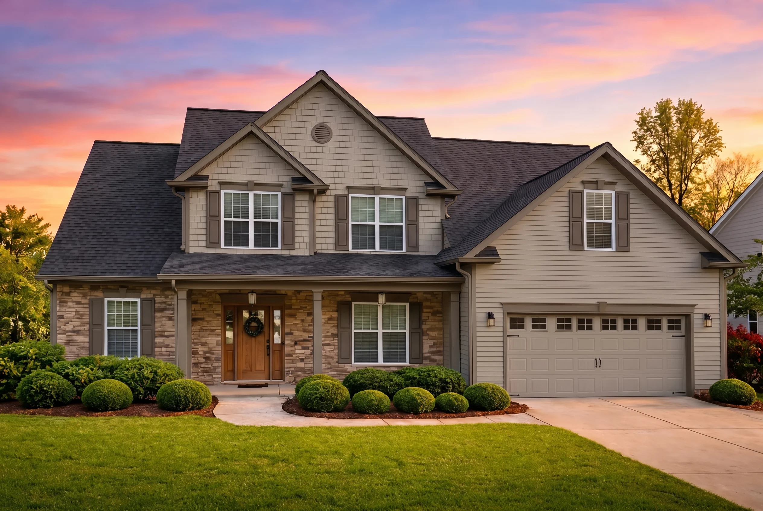 Plan  9-1124 – The King Farmhouse |  Traditional Colonial – 3-Bed, 3-Bath, 2,862 SF - Mushroom Taupe, AI-generated exterior concept