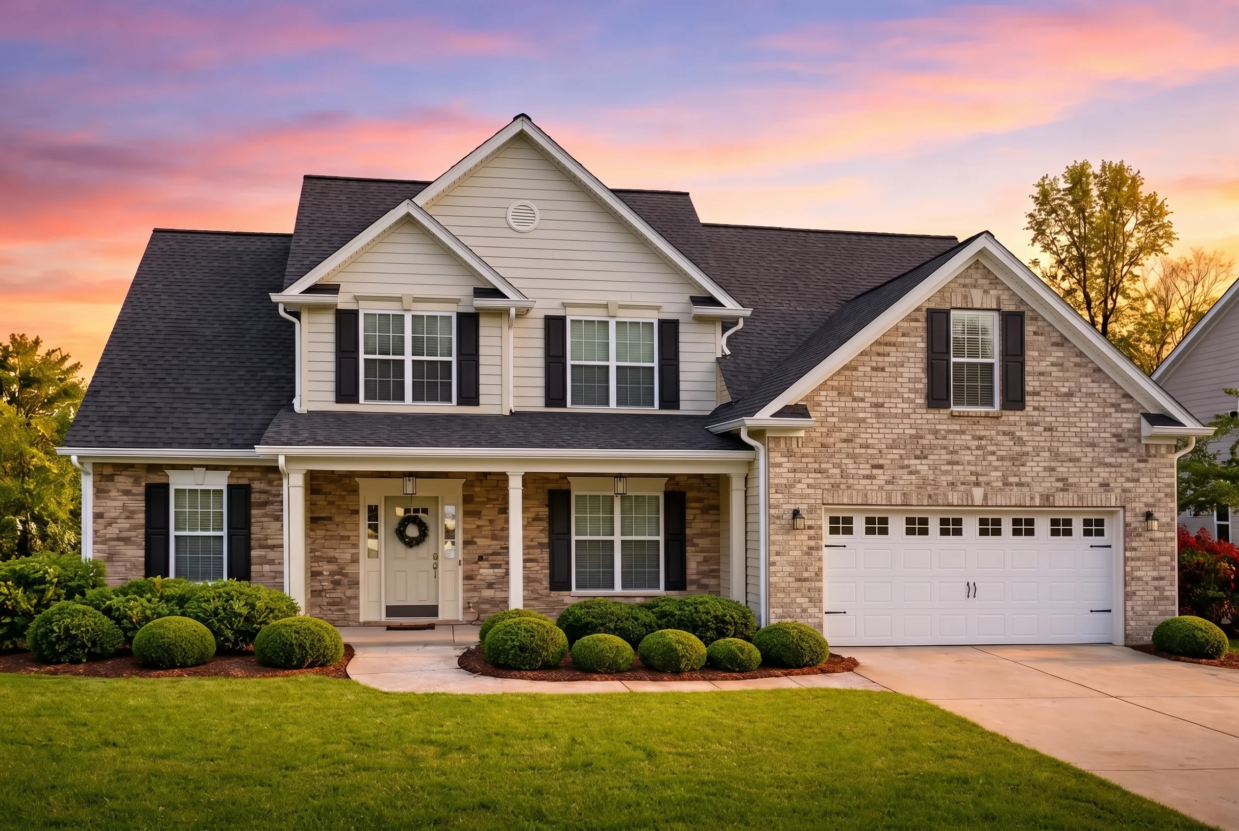 Plan  9-1124 – The King Farmhouse |  Traditional Colonial – 3-Bed, 3-Bath, 2,862 SF - Natural Brick, AI-generated exterior concept