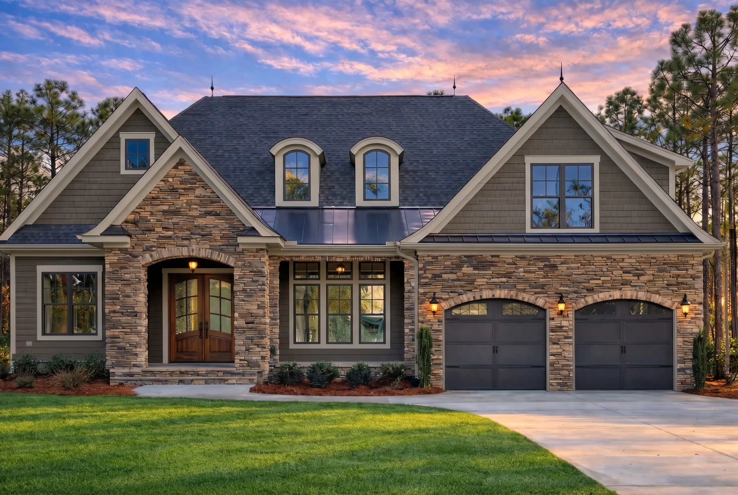 Plan  18-1099 – Henderson Ridge |  New American – 3-Bed, 3.5-Bath, 3,228 SF - Warm Charcoal, AI-generated exterior concept
