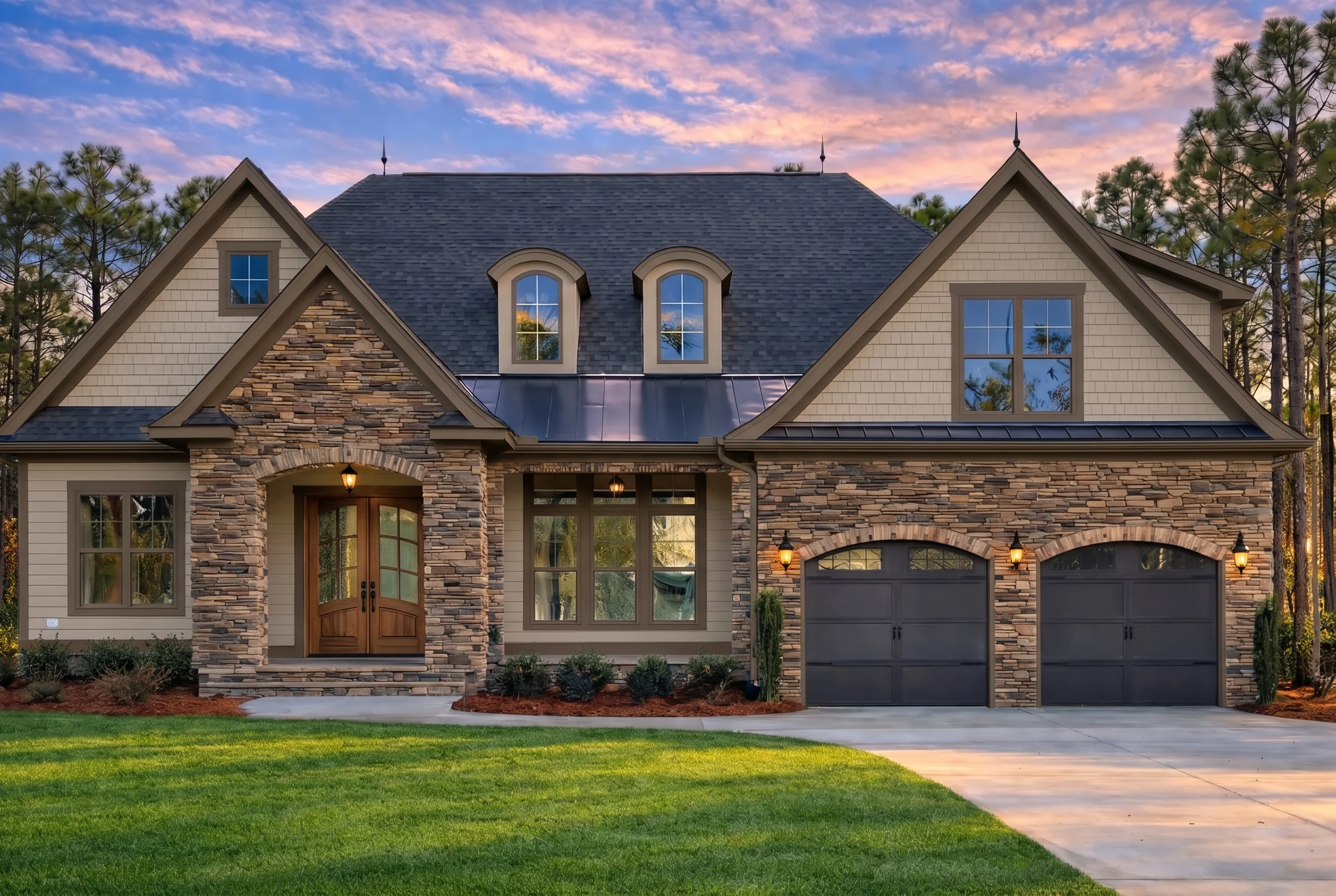 Plan  18-1099 – Henderson Ridge |  New American – 3-Bed, 3.5-Bath, 3,228 SF - Mushroom Taupe, AI-generated exterior concept