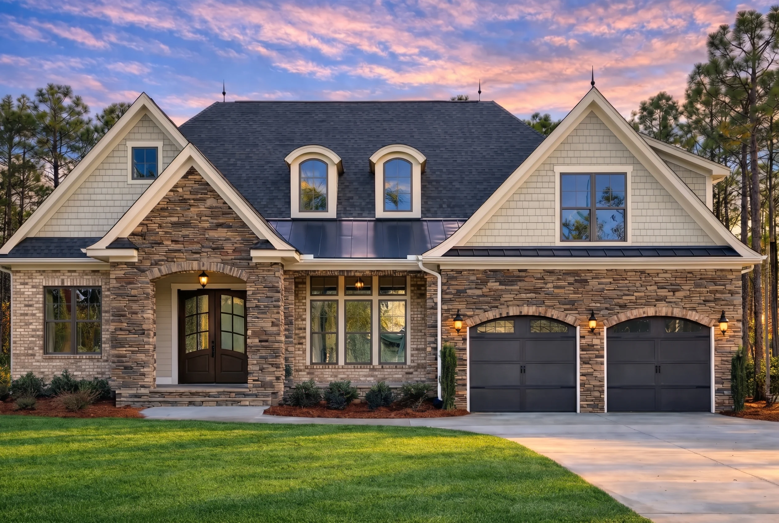Plan  18-1099 – Henderson Ridge |  New American – 3-Bed, 3.5-Bath, 3,228 SF - Natural Brick, AI-generated exterior concept
