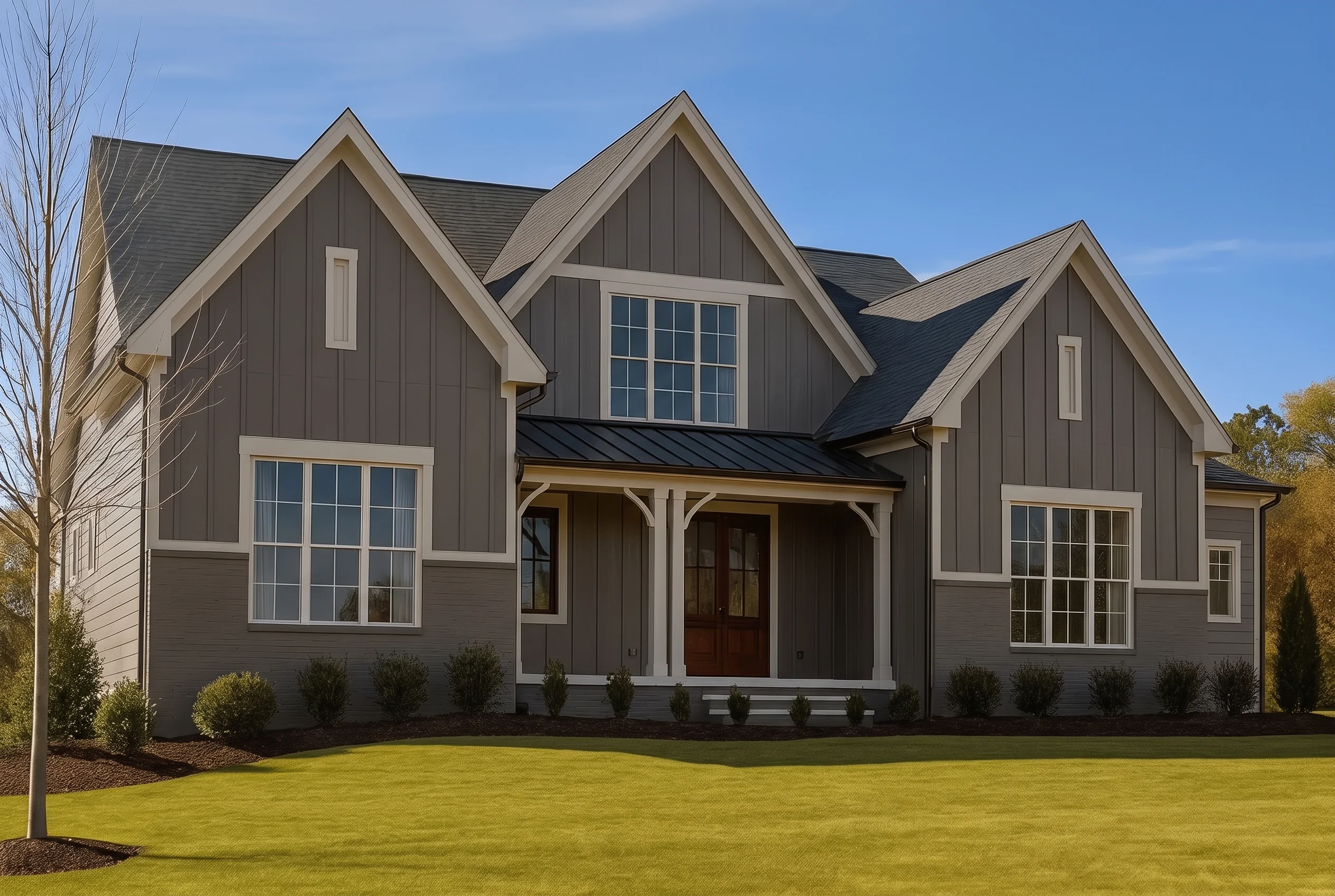 Plan  19-2135 – The Alexander Cottage  | New American – 5-Bed, 5.5-Bath, 3,700 SF - Warm Charcoal, AI-generated exterior concept