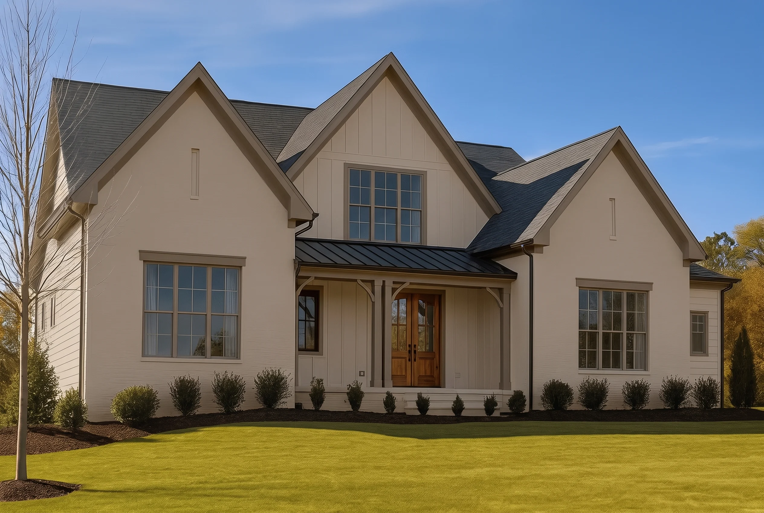 Plan  19-2135 – The Alexander Cottage  | New American – 5-Bed, 5.5-Bath, 3,700 SF - Mushroom Taupe, AI-generated exterior concept