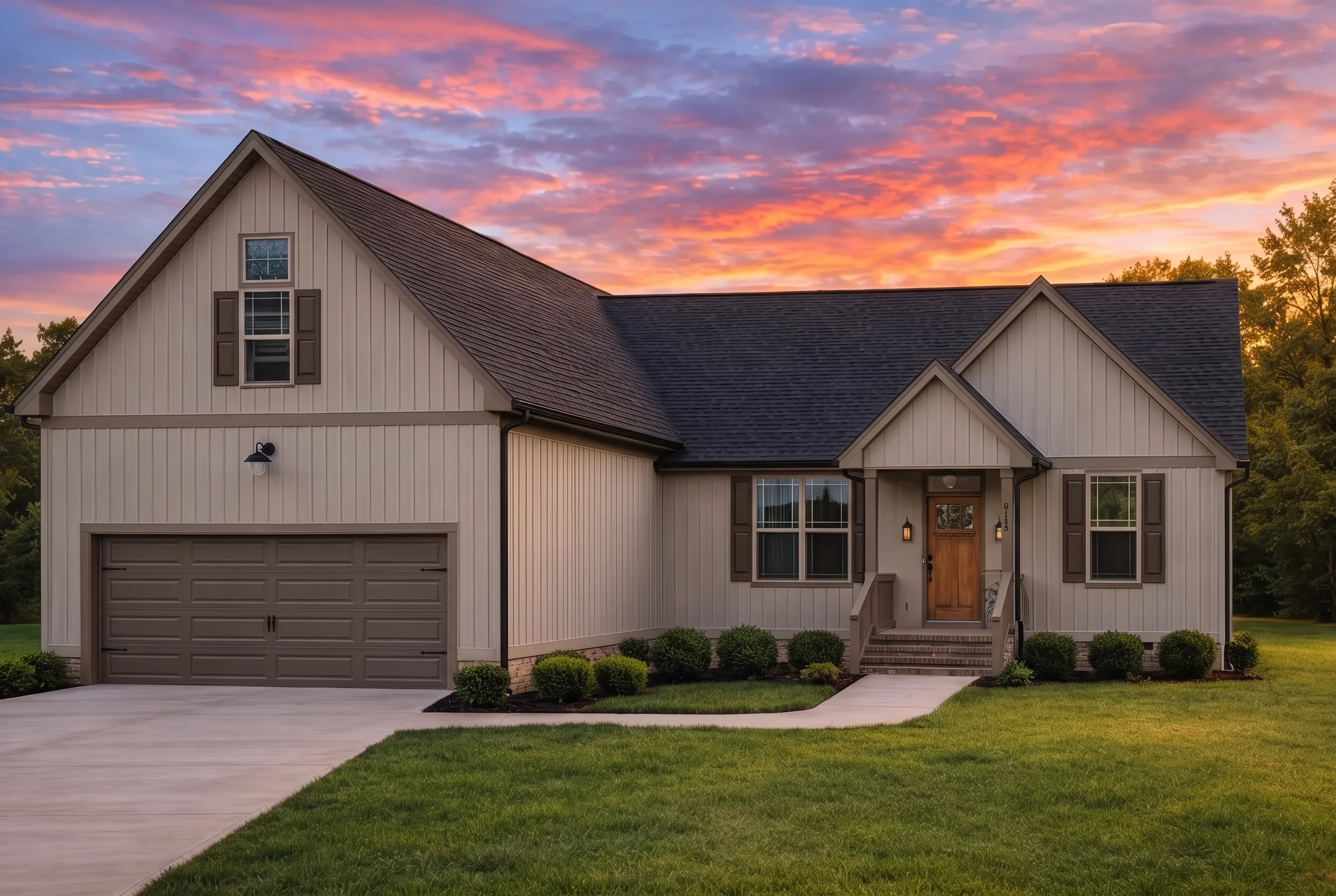 Plan  20-2076 – The White Station |  Modern Farmhouse – 3-Bed, 2-Bath, 1,536 SF - Mushroom Taupe, AI-generated exterior concept