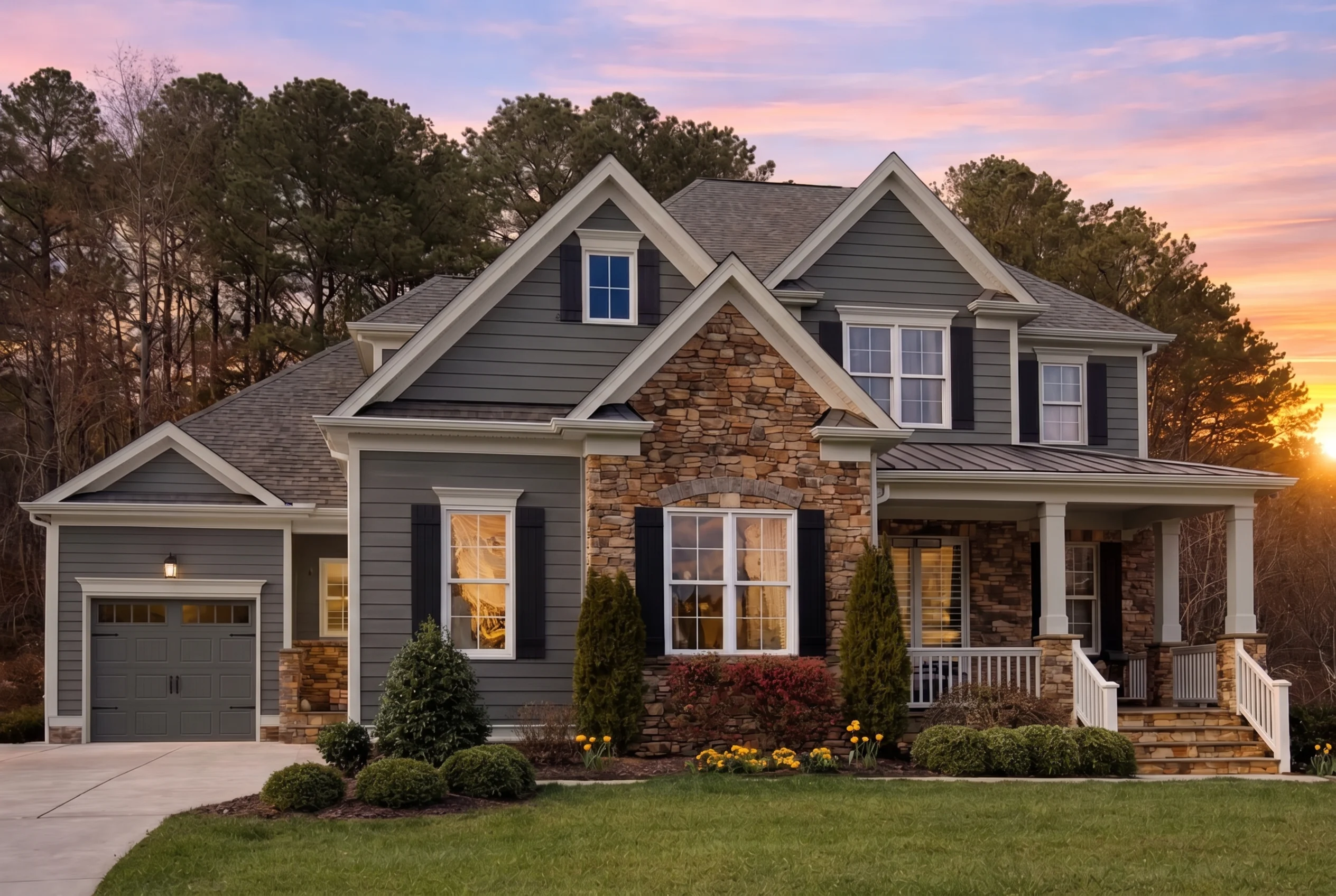 Plan  12-2088 – Holly Creek House |  New American – 4-Bed, 3.5-Bath, 4,709 SF - Warm Charcoal, AI-generated exterior concept