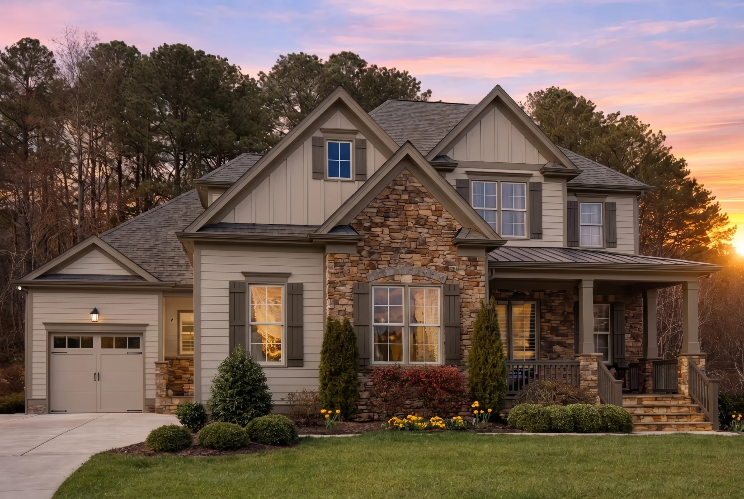 Plan  12-2088 – Holly Creek House |  New American – 4-Bed, 3.5-Bath, 4,709 SF - Mushroom Taupe, AI-generated exterior concept