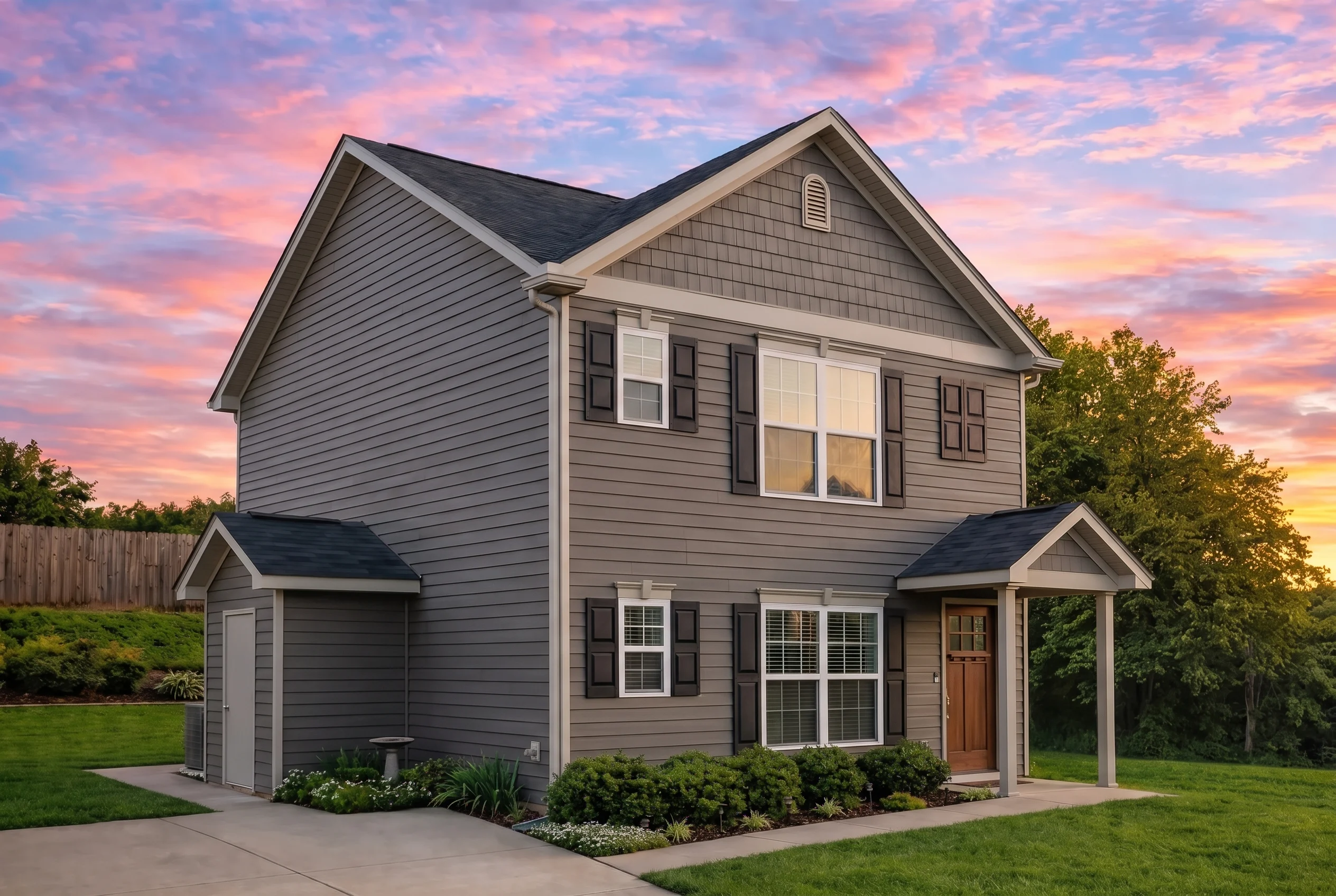 Plan  9-1017 – Walker Place |  Traditional Colonial – 3-Bed, 3.5-Bath, 1,374 SF - Warm Charcoal, AI-generated exterior concept
