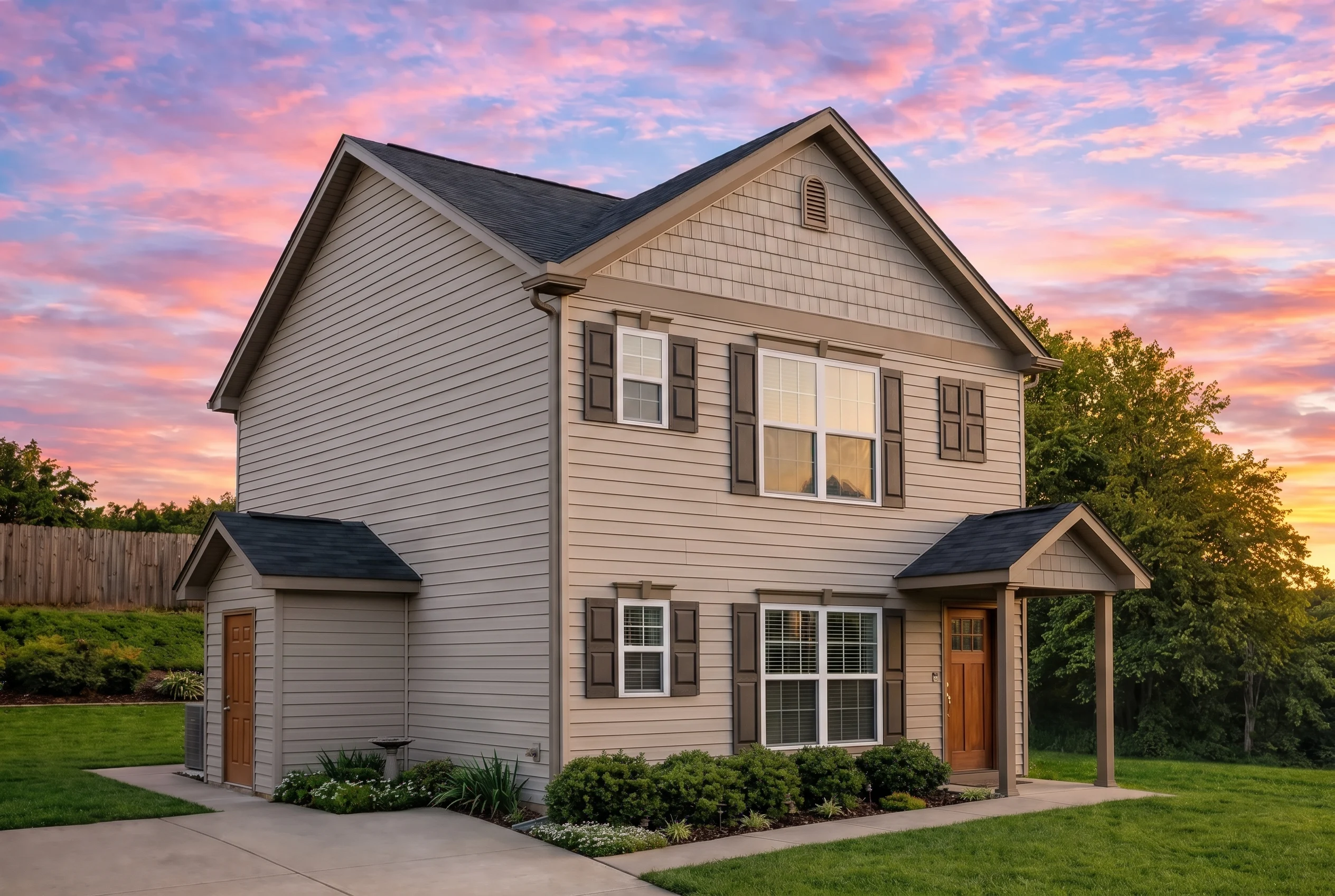 Plan  9-1017 – Walker Place |  Traditional Colonial – 3-Bed, 3.5-Bath, 1,374 SF - Mushroom Taupe, AI-generated exterior concept