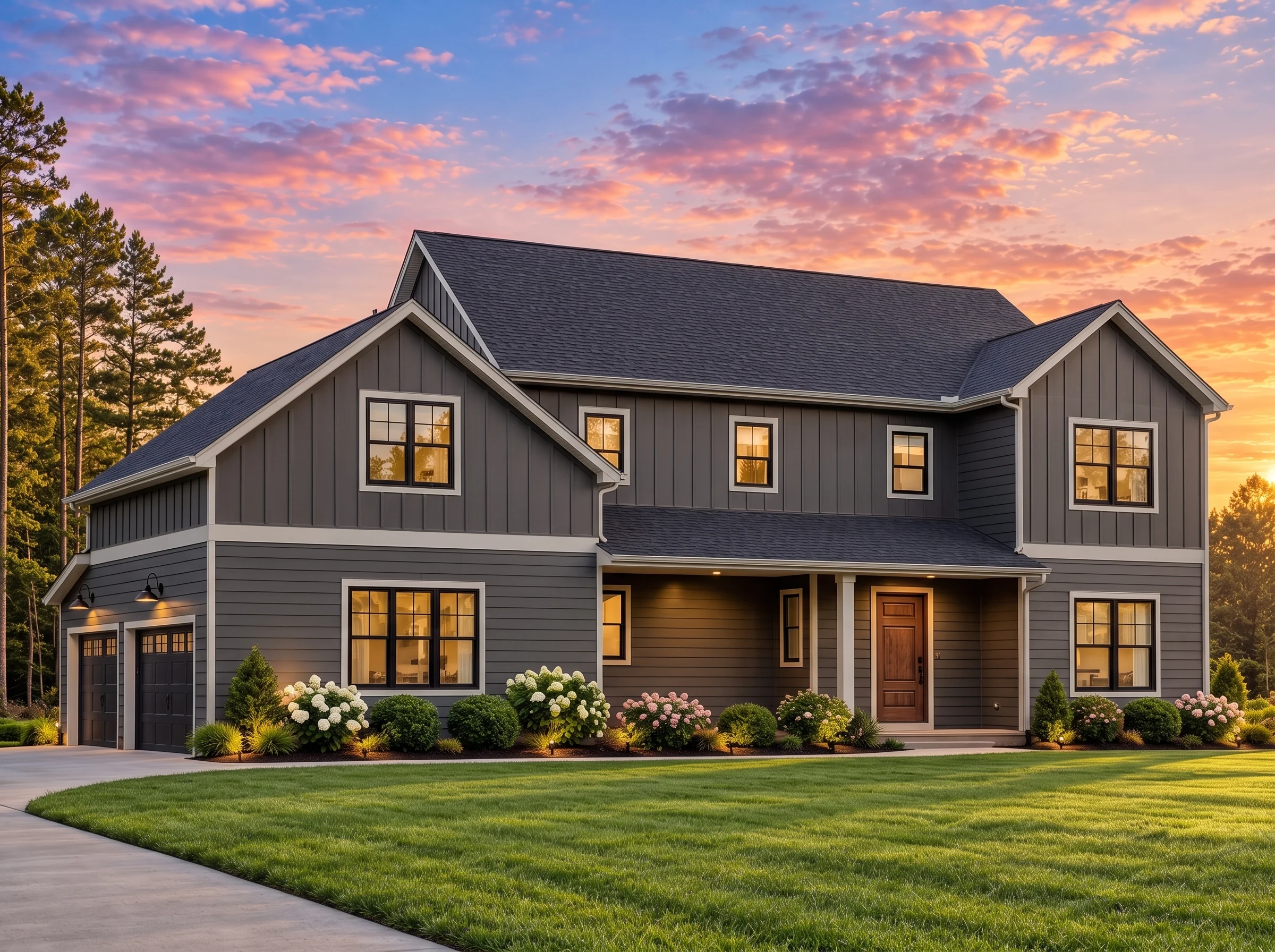 Plan  20-1843 – Butler Ridge |  Modern Farmhouse – 4-Bed, 3.3-Bath, 2,504 SF - Warm Charcoal, AI-generated exterior concept