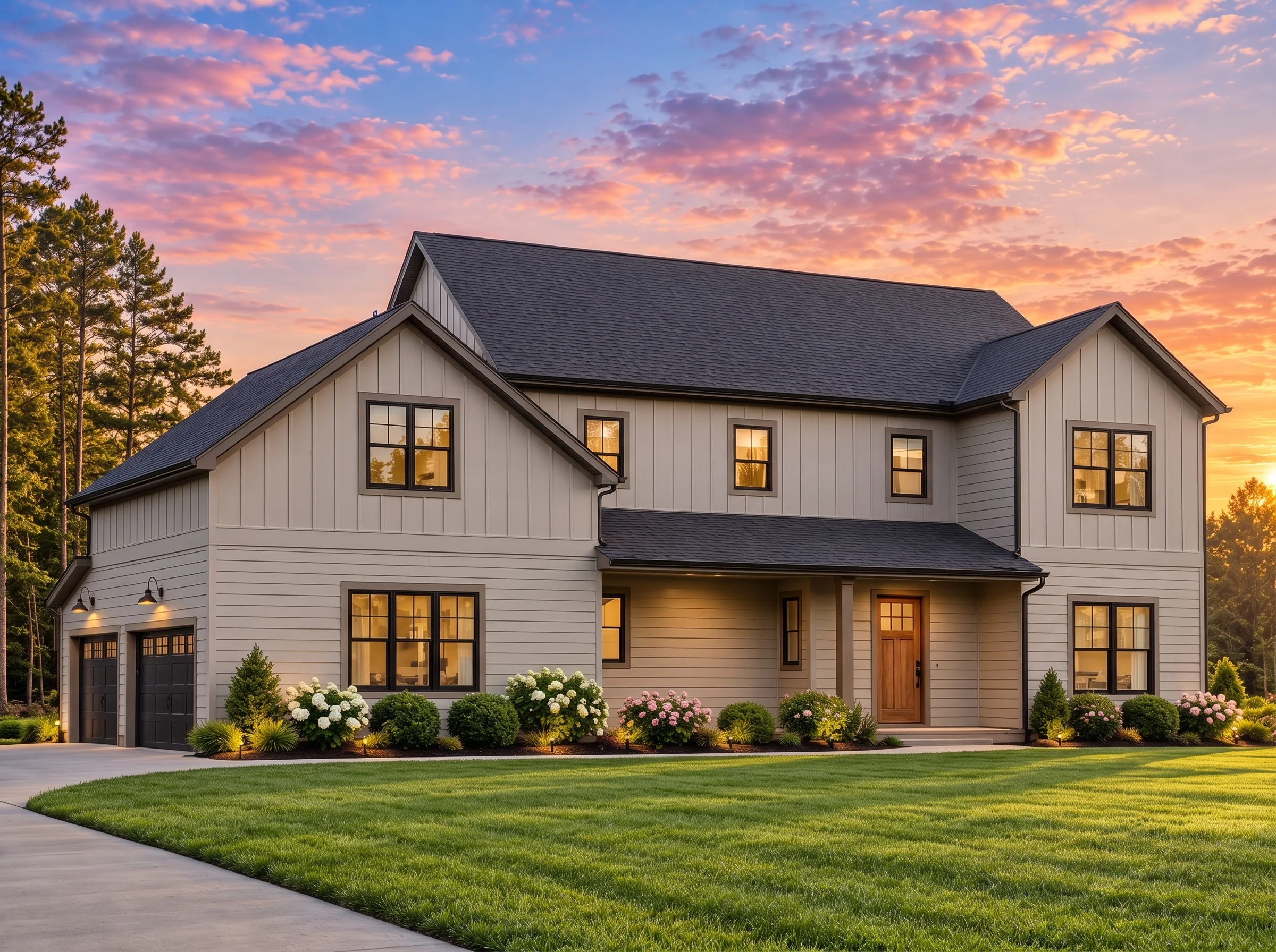 Plan  20-1843 – Butler Ridge |  Modern Farmhouse – 4-Bed, 3.3-Bath, 2,504 SF - Mushroom Taupe, AI-generated exterior concept