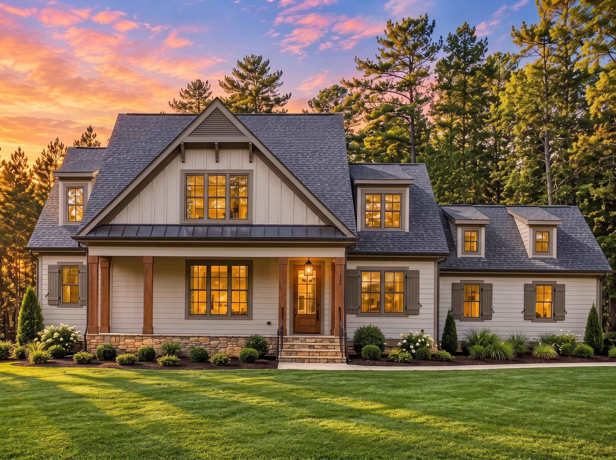Plan  18-1655 – Anderson Meadow |  Farmhouse – 3-Bed, 3-Bath, 2,488 SF - Mushroom Taupe, AI-generated exterior concept